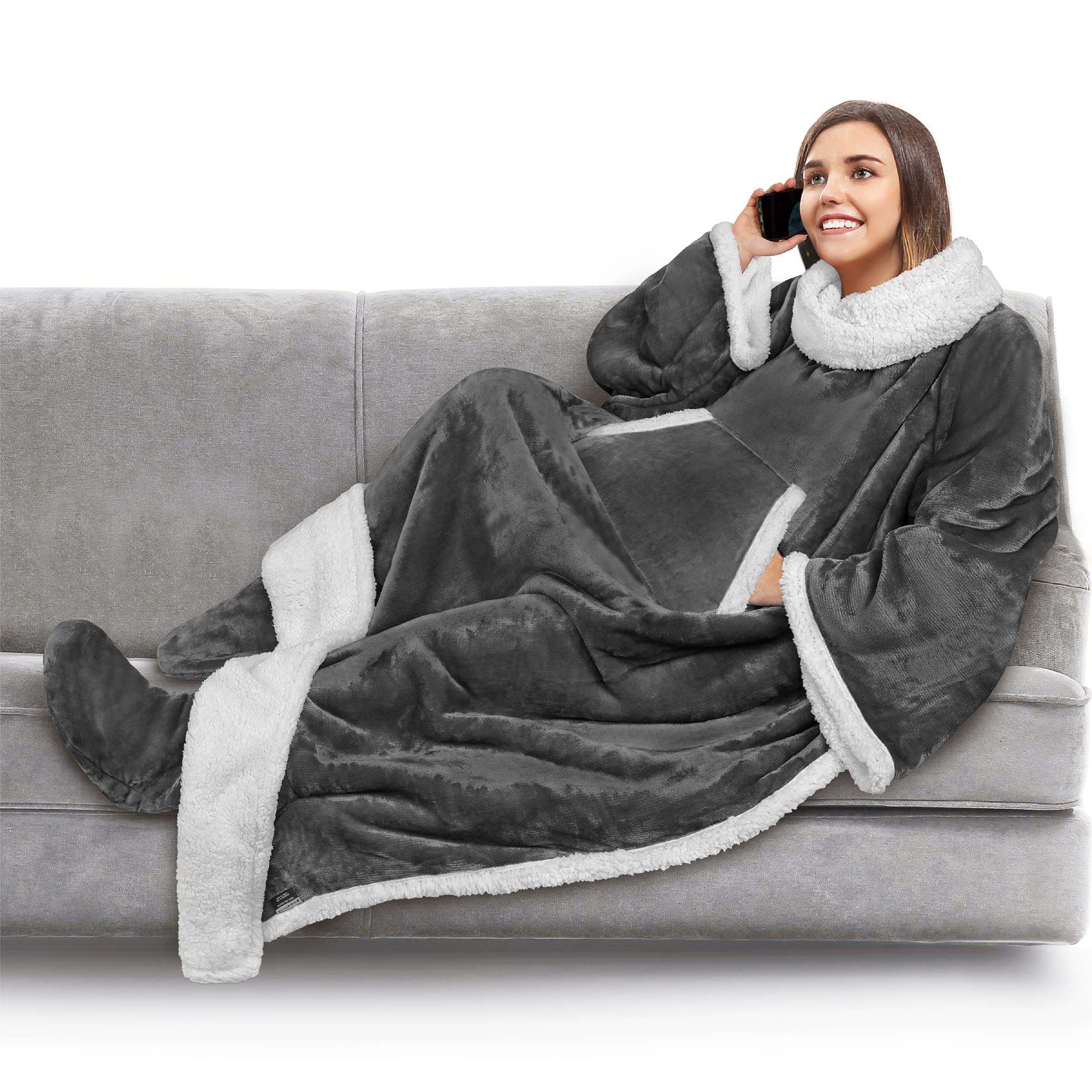 PAVILIA Sherpa Blanket with Sleeves and Foot Pocket Women Men Adult, Fleece Wearable Blanket Sleeved Throw Wrap, Thick Hug Sleep Pod Snuggle Blanket Robe, Cozy Ideas Wife Mom, Dark Gray