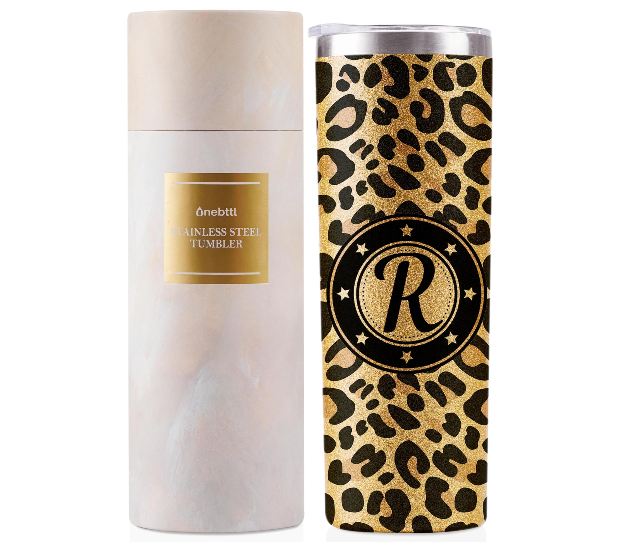 Onebttl Personalised Gifts for Women - Leopard Print Cup with Initial - Unique Gifts for Women - Gift Ideas for Women on Birthday, Christmas - 591ml Vacuum Tumbler with Lid and Straw - Glitter - R