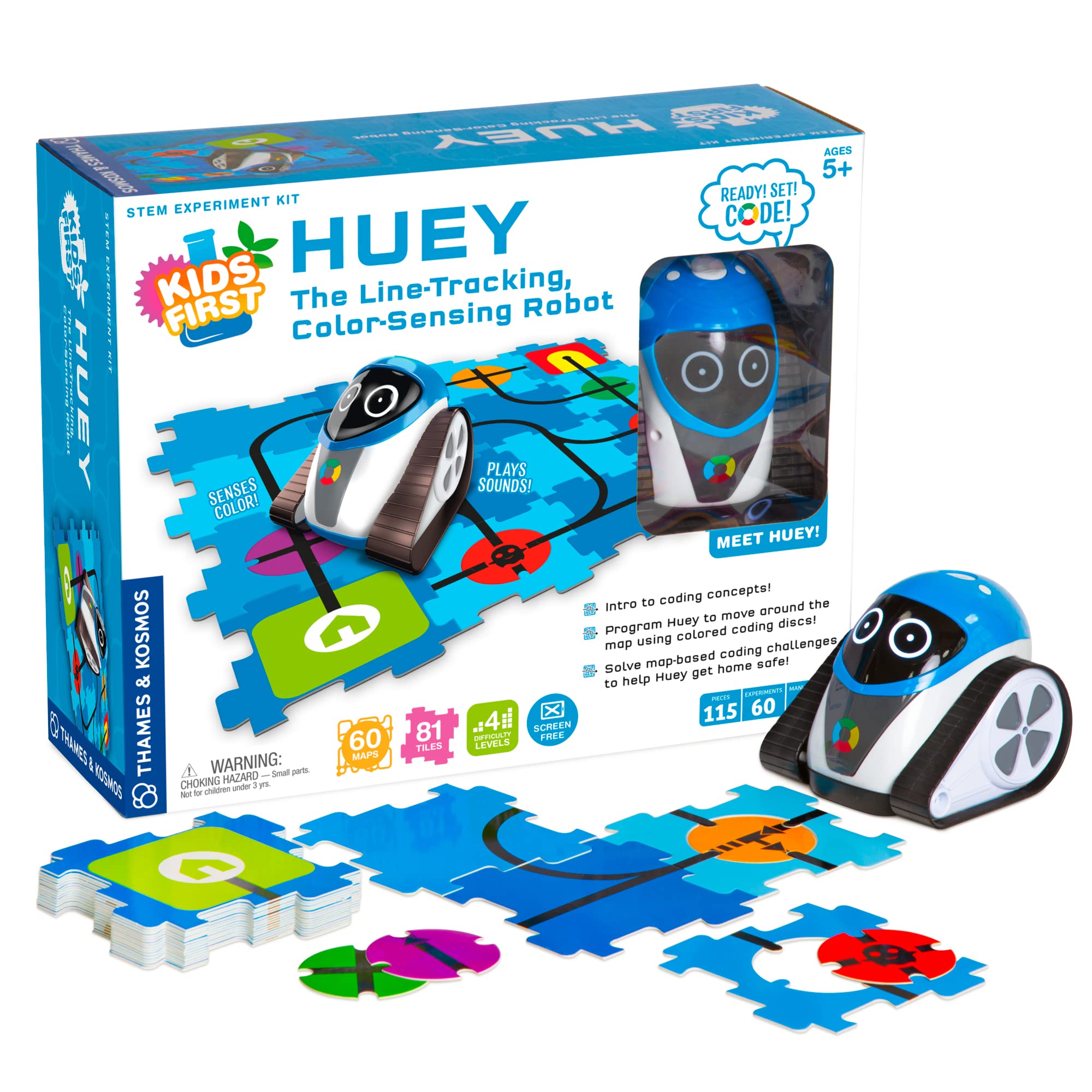 Thames & KosmosHuey: The Line-Tracking, Color-Sensing Robot | Screen-Free Coding & Robotics Kit for Ages 5+ | Pre-Built Robot w/Color Sensor, Puzzle-Shaped Coding Discs | No Smart Device Required