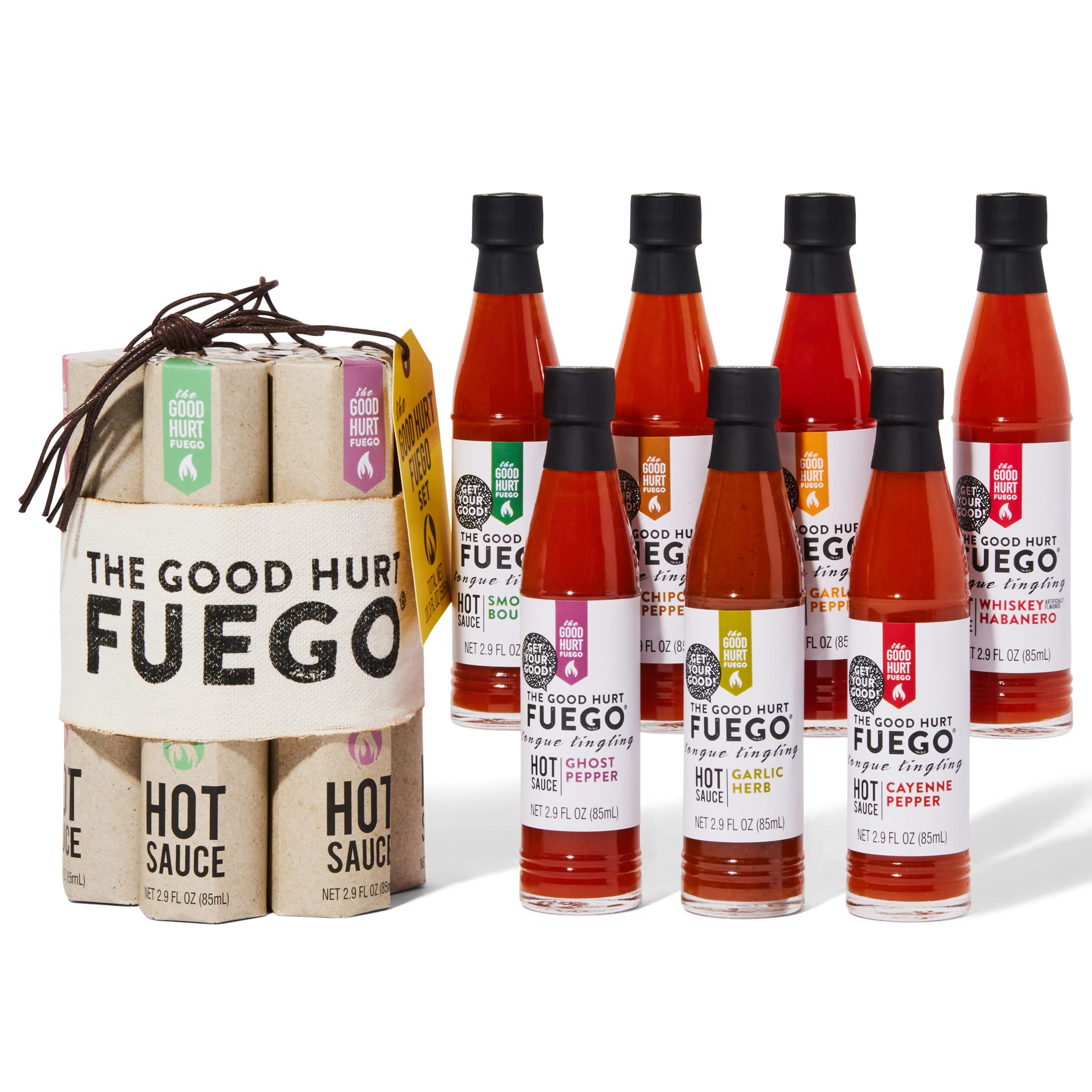 The Good Hurt Fuego: A Hot Sauce Gift Set for Hot Sauce Lover’s, Sampler Pack of 7 Different Hot Sauces Inspired by Exotic Flavors and Peppers from Around the World