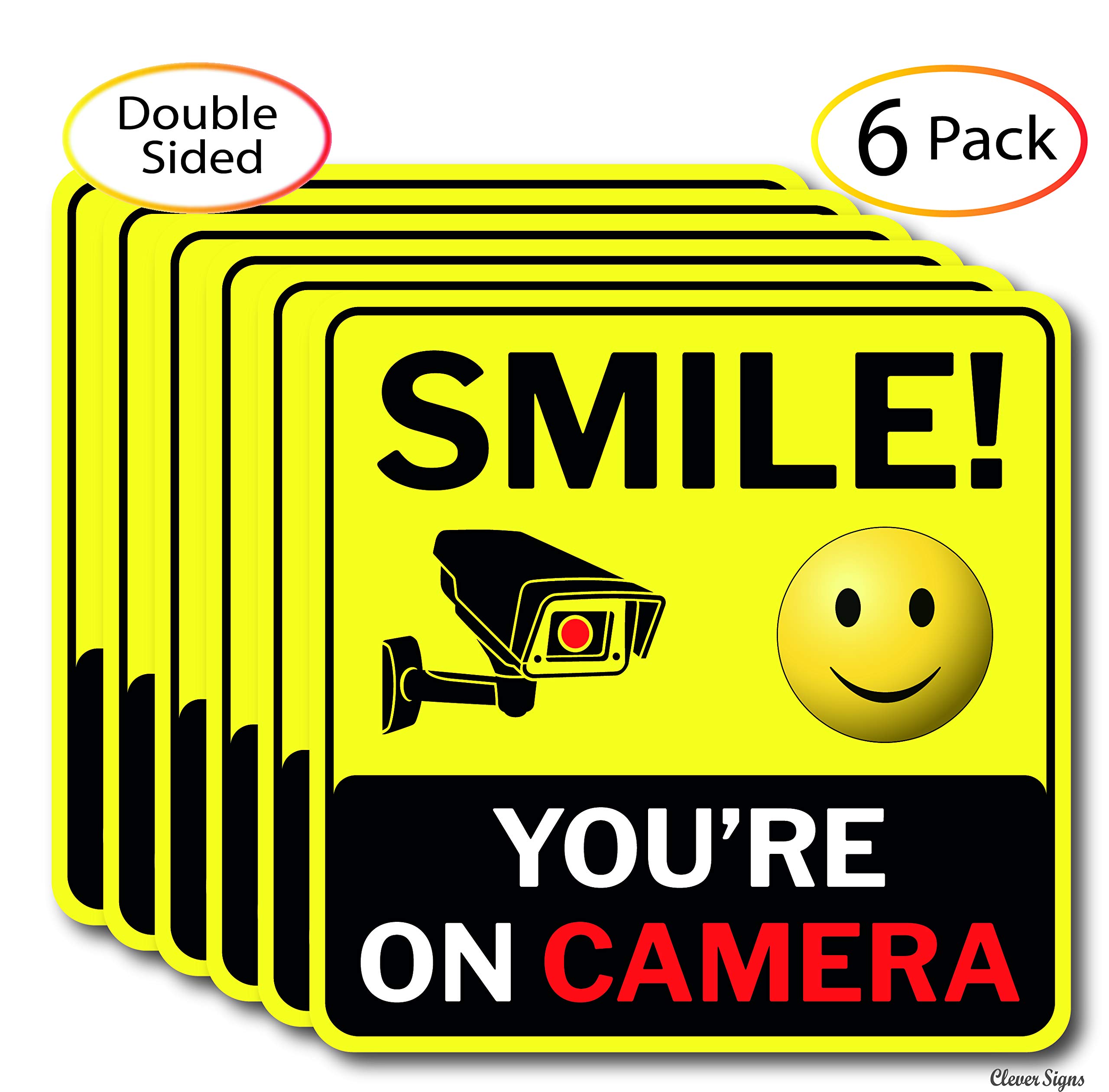 Smile You're On Camera Sign, Double-Sided 6 Pack 6"x6" Vinyl Decals for Video Surveillance Signs in/Outdoor, Laminated for UV & Water, Warning Signs, Security Signs, Camera Sign