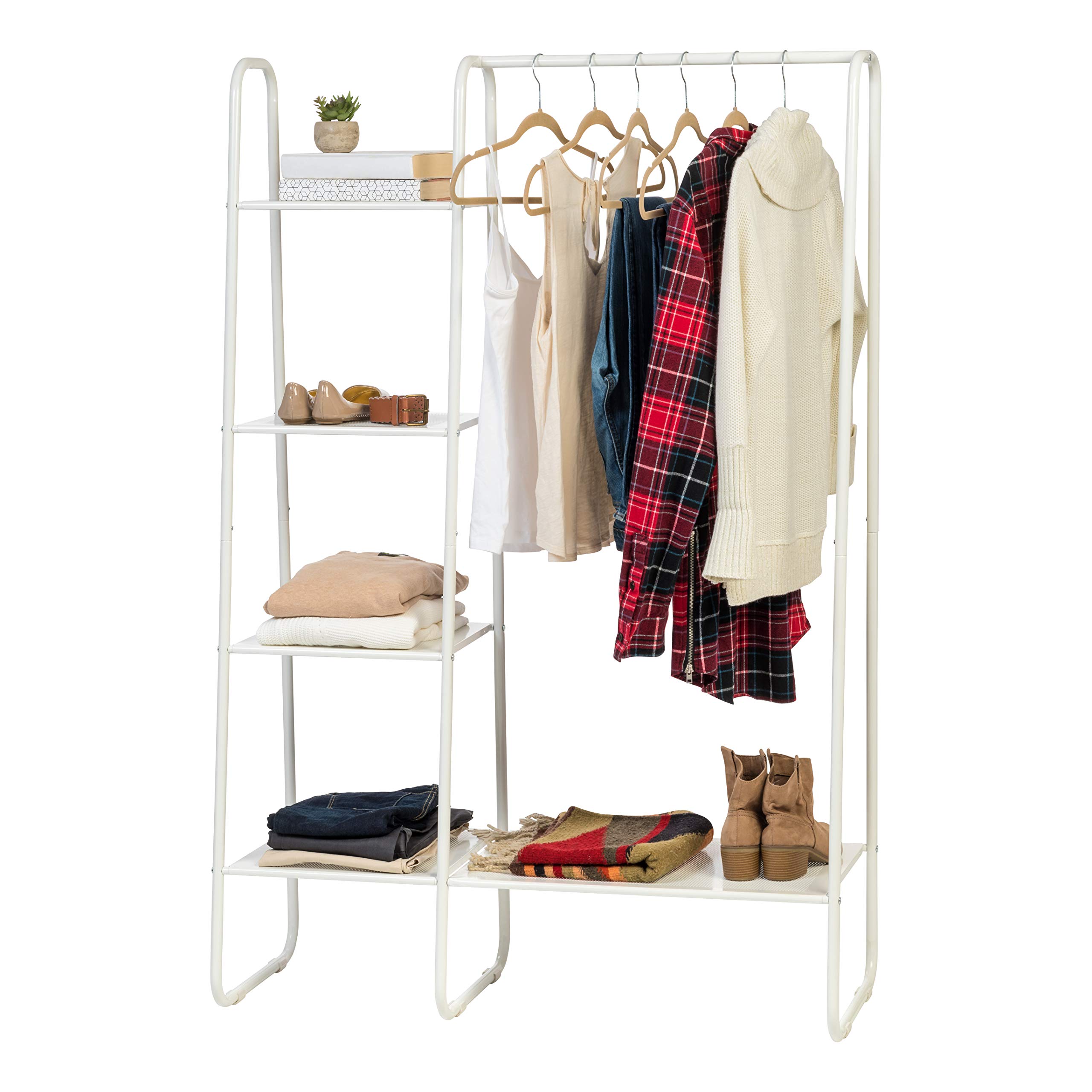 IRISUSA Clothes Rack with 4 Metal Shelves, Freestanding Clothing Racks for Hanging Clothes, Easy to Assemble, Standing Metal Sturdy Garment and Accessories Rack, Small Space Storage Solution, White