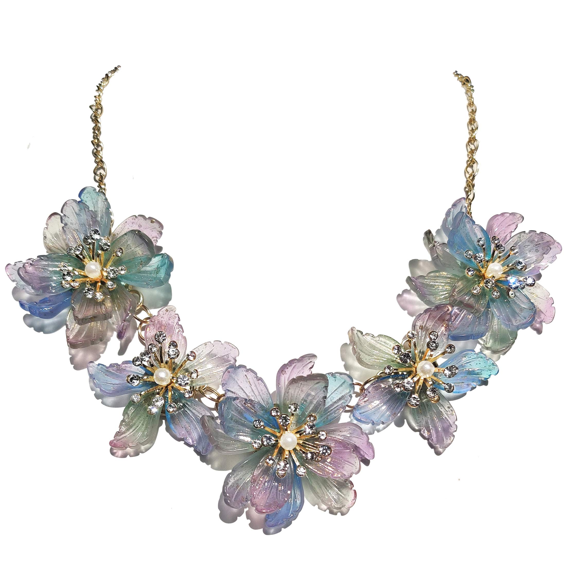 Golden Chain Vintage Flower Chunky Collar Crystal and Faux Pearls Pendant Statement Bib Necklace for Women