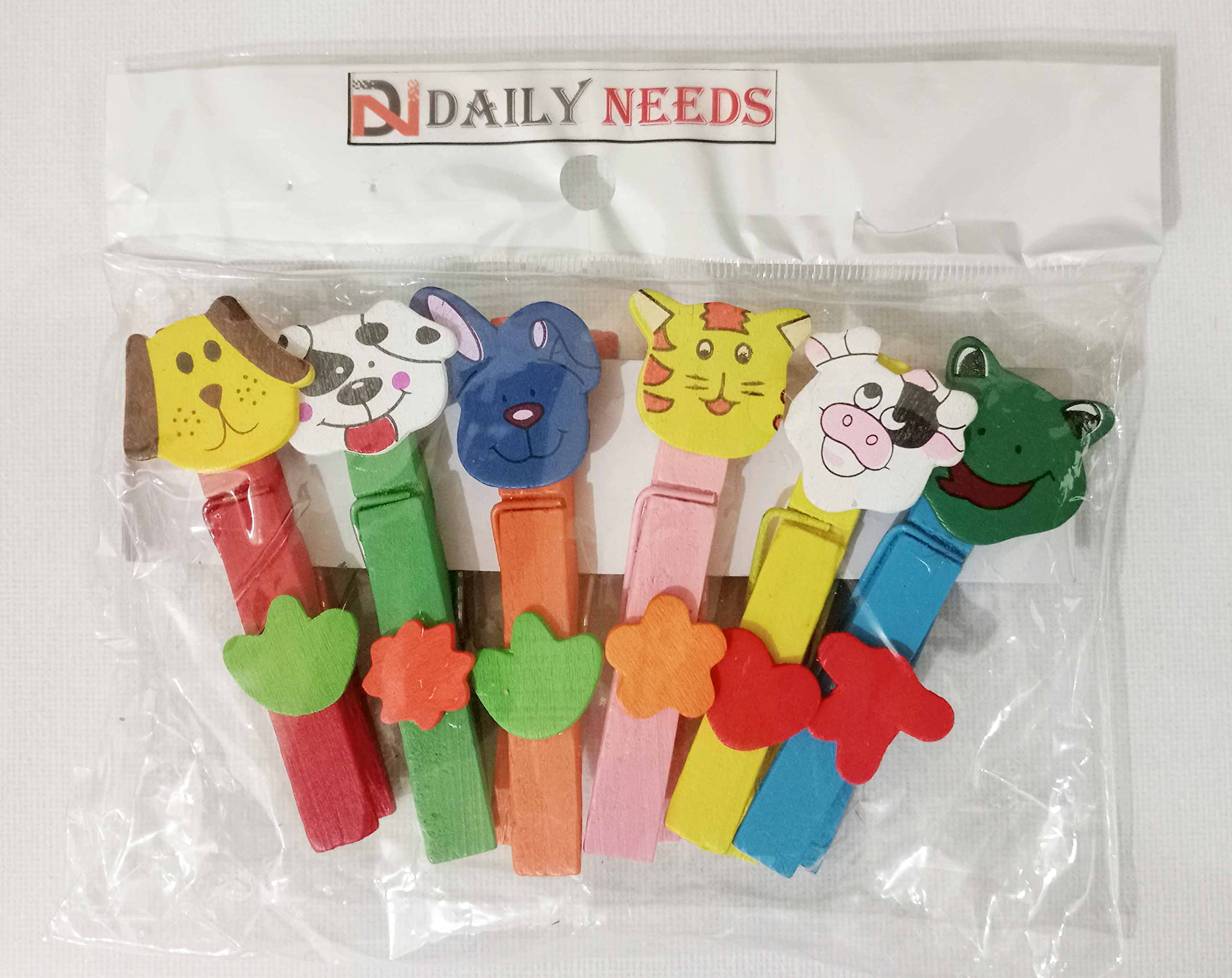 Daily Needs Wooden Craft Clips with Animal Face Design - Pack of 6 Pieces