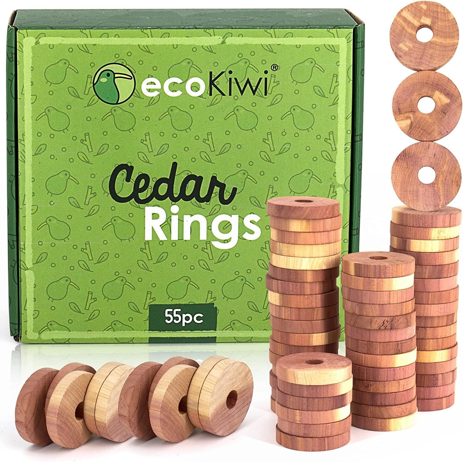 ecoKiwi Moth Repellent for Wardrobes Cedar Rings - 55 Pack - 100% Natural Cedar Balls - Anti Moth Products - Cedarwood Oil Moth Repellent for Rooms & Clothes - Moth Balls for Wardrobe with Sandpaper