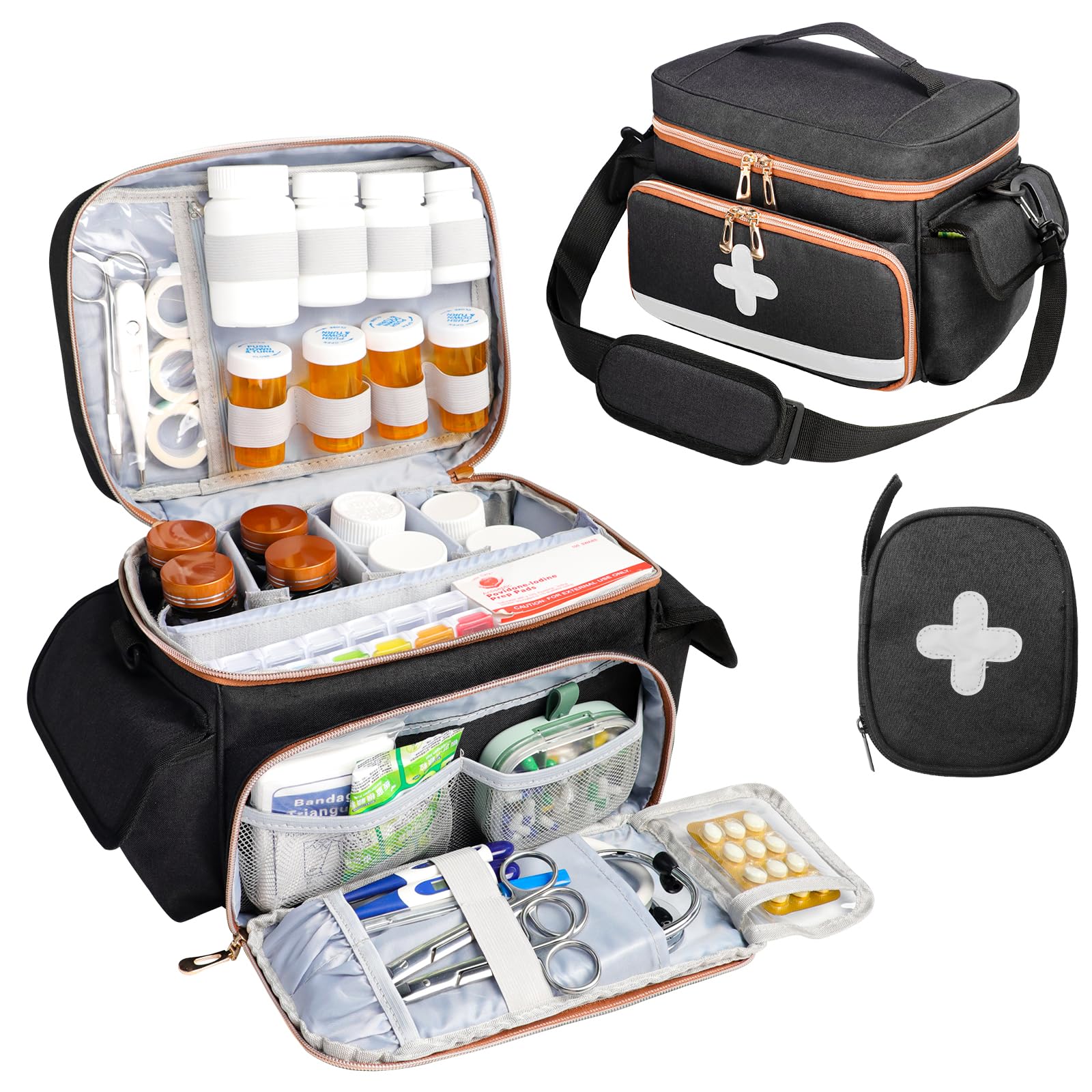 Pill Bottle Organizer Bag with Shoulder Strap, Portable Medicine Travel Bag with Removable Pouch, Large Medication Bottle Storage Case for Medical Supplies (Bag ONLY, Black)