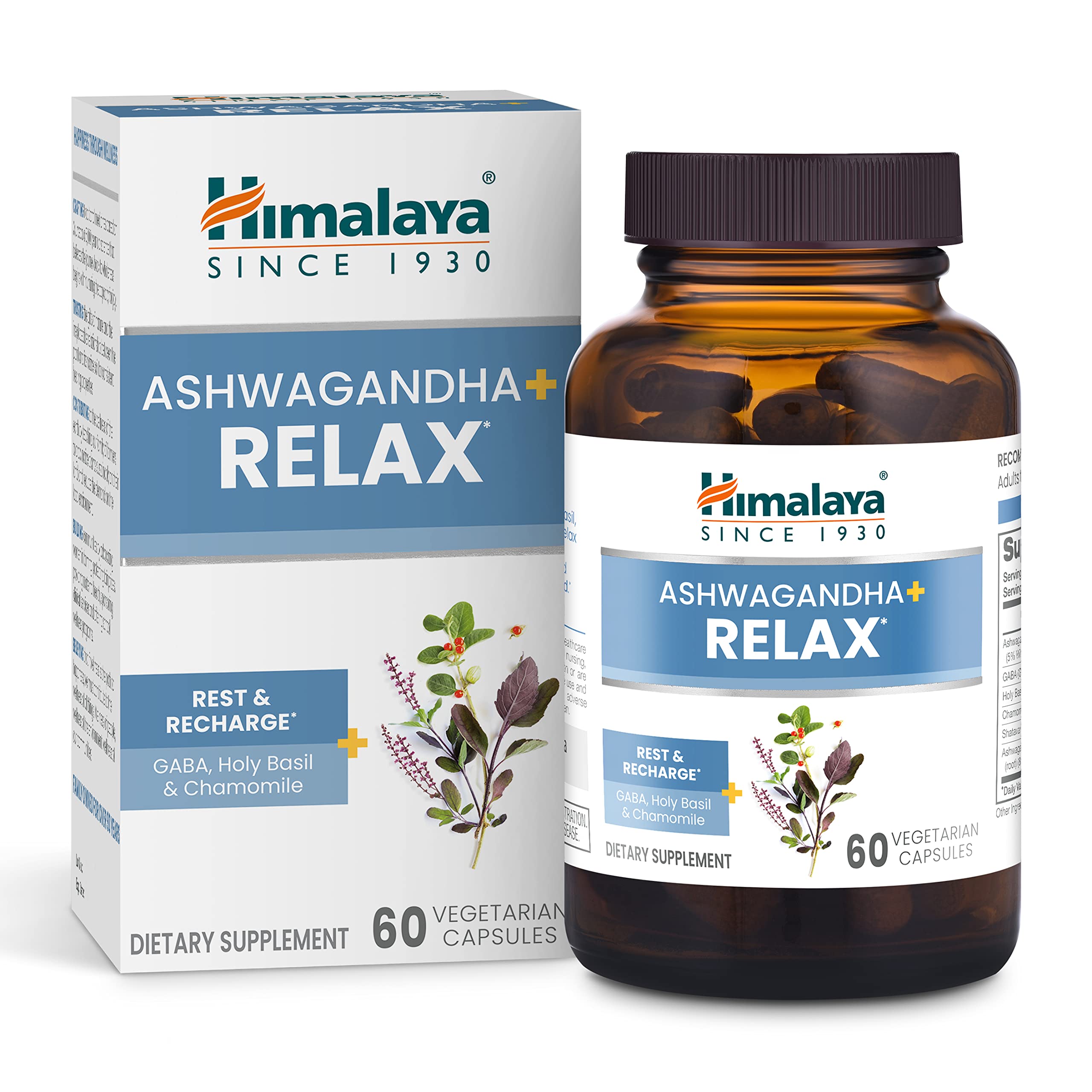 HimalayaAshwagandha+ Relax, with GABA, Holy Basil & Chamomile for Reset, Relaxation & Stress Relief, Vegan, Gluten Free, 540 mg, 60 Vegetarian Capsules, 1 Month Supply