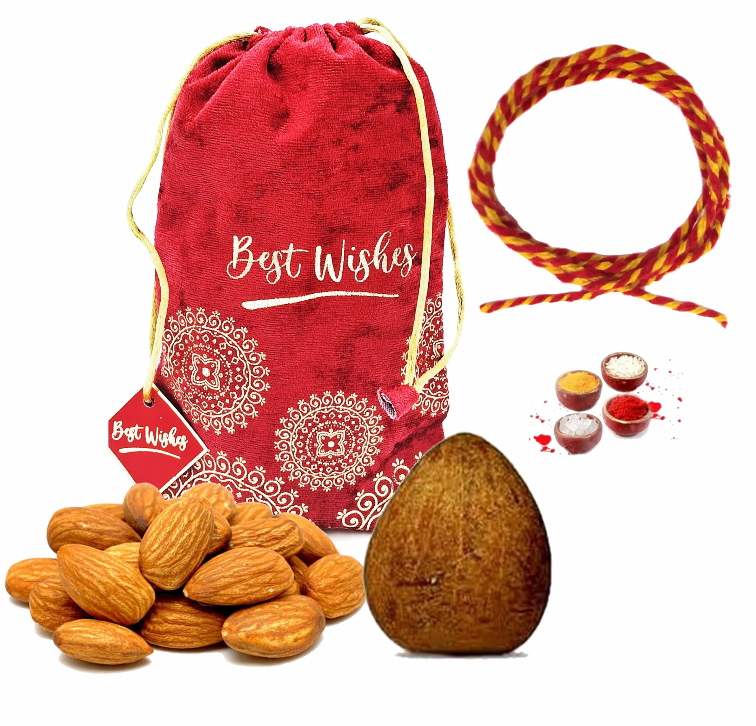 Bhai Dooj Gift Set for Brother with 150 gm Almond and Dry Coconut/Nariyal-Bhai Dooj Tika with Gola and Roasted Almond in Premium Red Velvet Potli