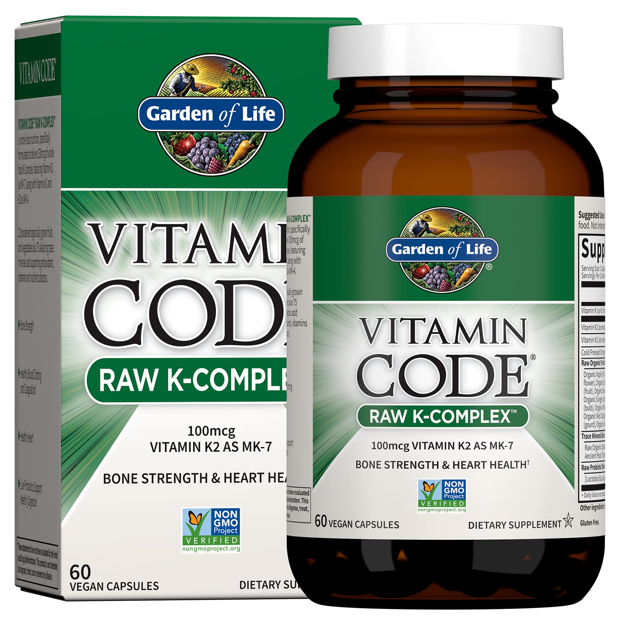 Garden of LifeVitamin K2 and K1, Vitamin Code Vegan K Complex Vitamin for Bone Strength and Heart Health, Vitamin K1 and K2, Omega Rich Flax Seed Oil, Trace Minerals, Probiotics, 60 Day Supply