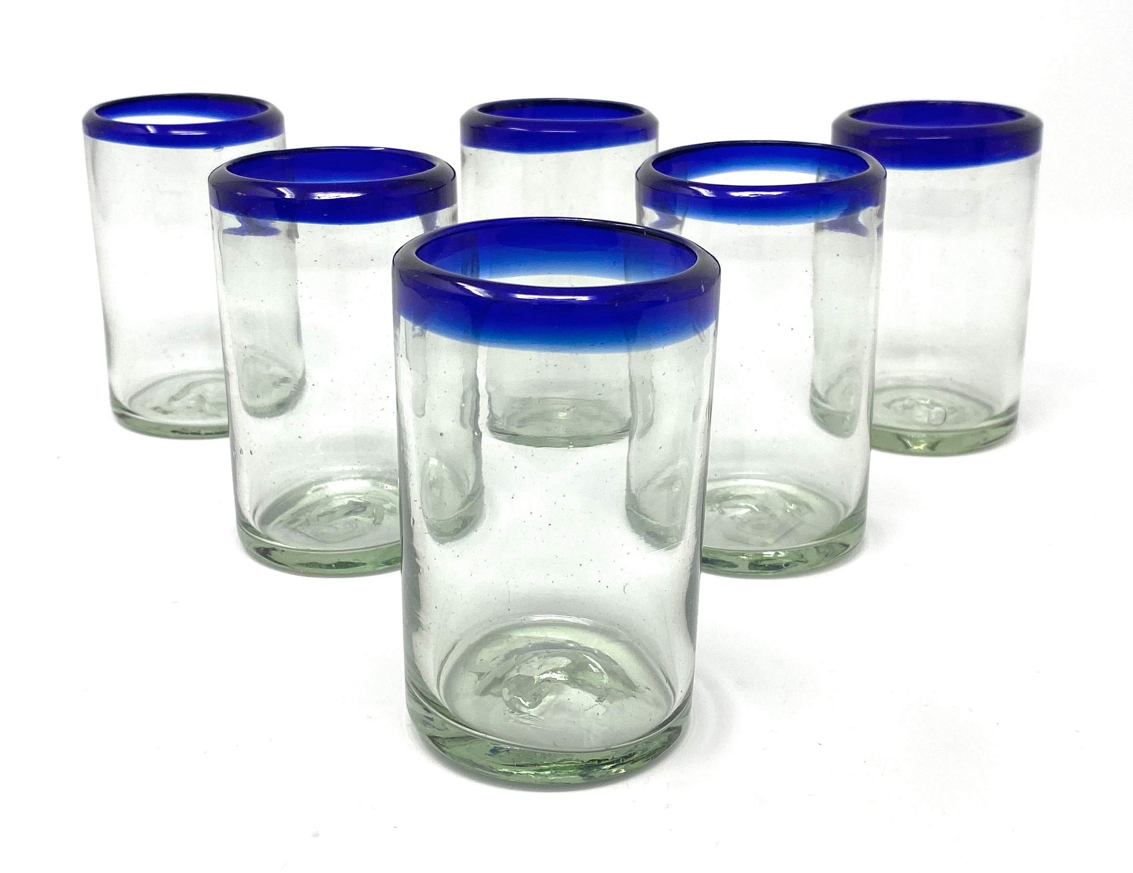 Hand Blown Mexican Drinking Glasses - Set of 6 Juice Glasses with Cobalt Blue Rims (8 oz each)