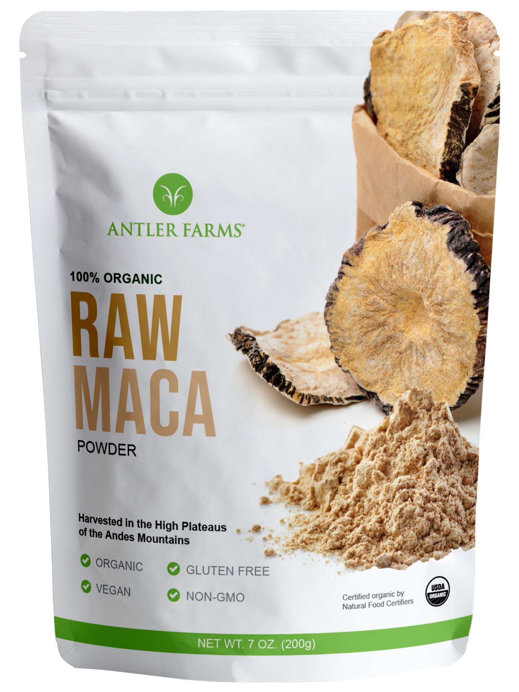 Antler Farms100% Pure Organic Raw Maca Powder, 40 Servings, 200g - Vegan, Gluten Free, Sun Dried, Cold Processed, Grown Outdoors in Central Andes of Peru, Certified USDA Organic