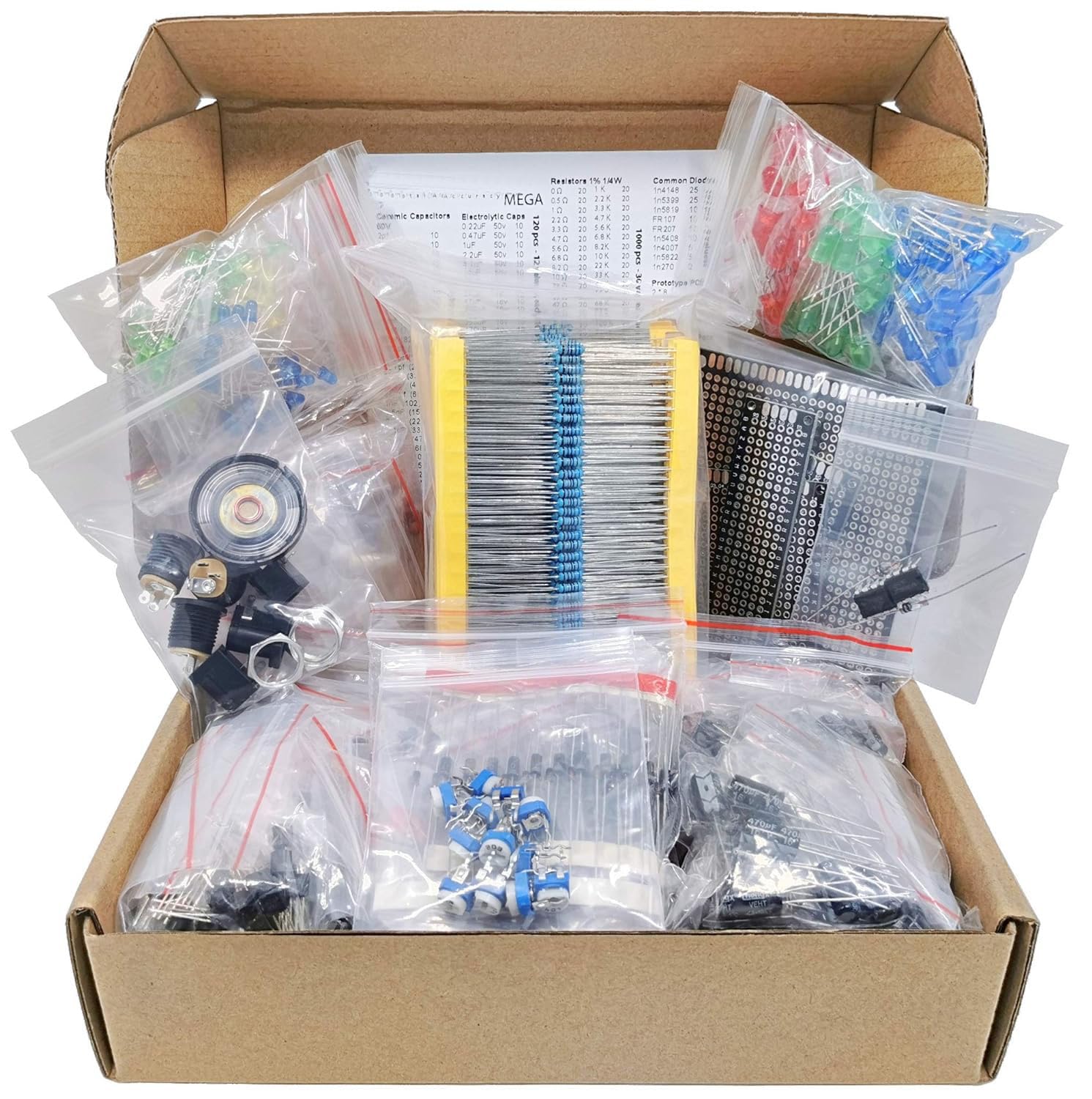 Electrobot Mega Electronic Component Kit Assortment, Capacitors, Resistors, LED, Transistors, Diodes, 1n270 Germanium, DC Jacks, opamp, PCB, Speaker, 1900 pcs