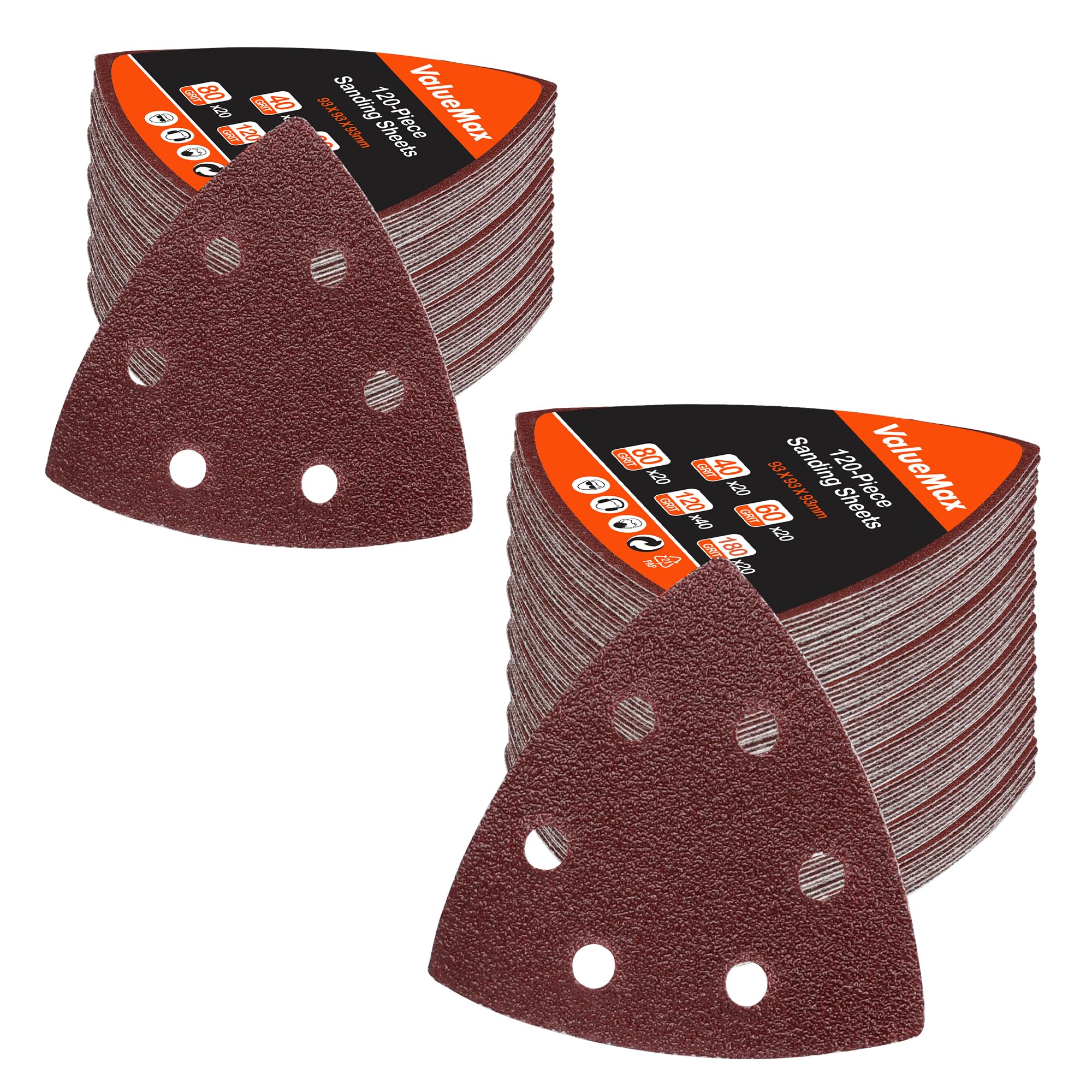 ValueMax 120 Pieces Triangle Sanding Pads | 93 x 93 x 93mm Detail Sander Pads | Hook and Loop Mouse Sander Pads with 40/60/80/120/180 Grits | Sandpaper with 6 Holes for Sanding and Polishing