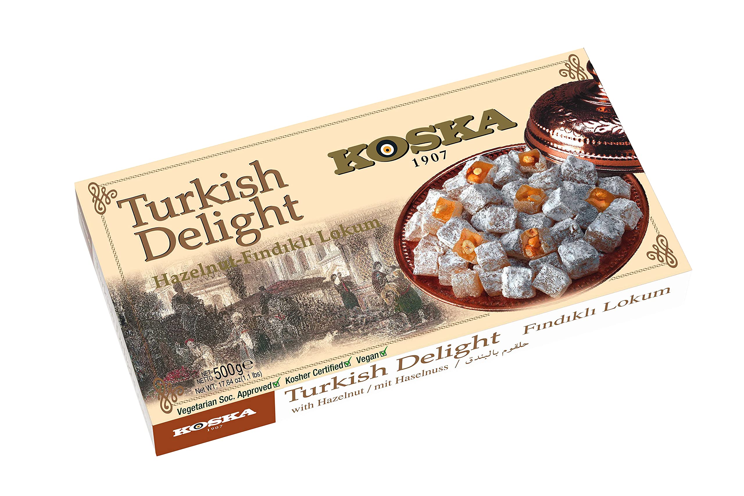 Koska Turkish Delight with Hazelnut, 17.64 oz 1.10 Ibs 500 gr Traditional Turkish Lokum by Koska | Vegan, Kosher and Halal Certified