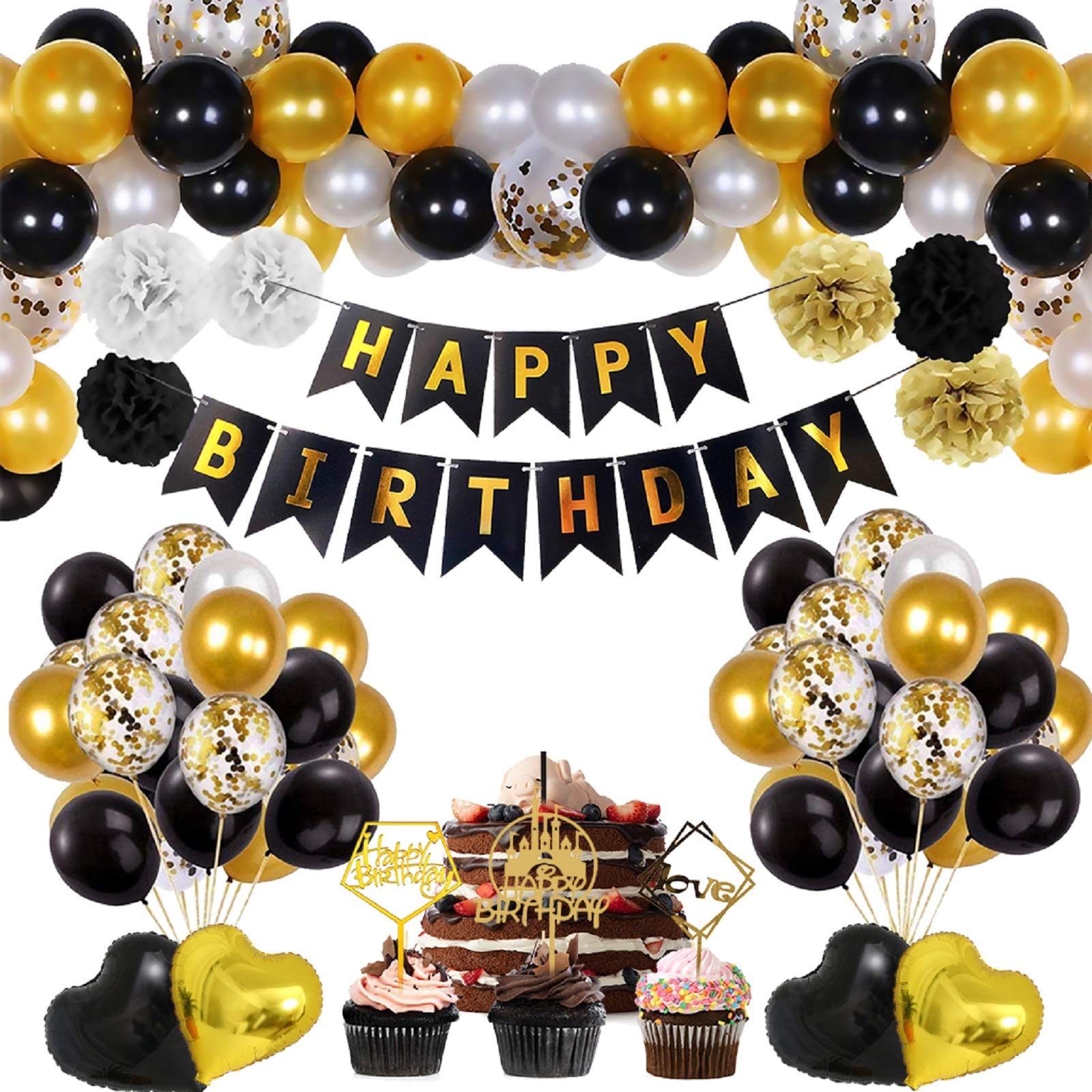 Amycute Gold and Black Birthday Decorations, Birthday Party Decorations for Women or Men Including Gold Confetti Balloons Birthday Banner Pom Poms Flowers Cake Topper