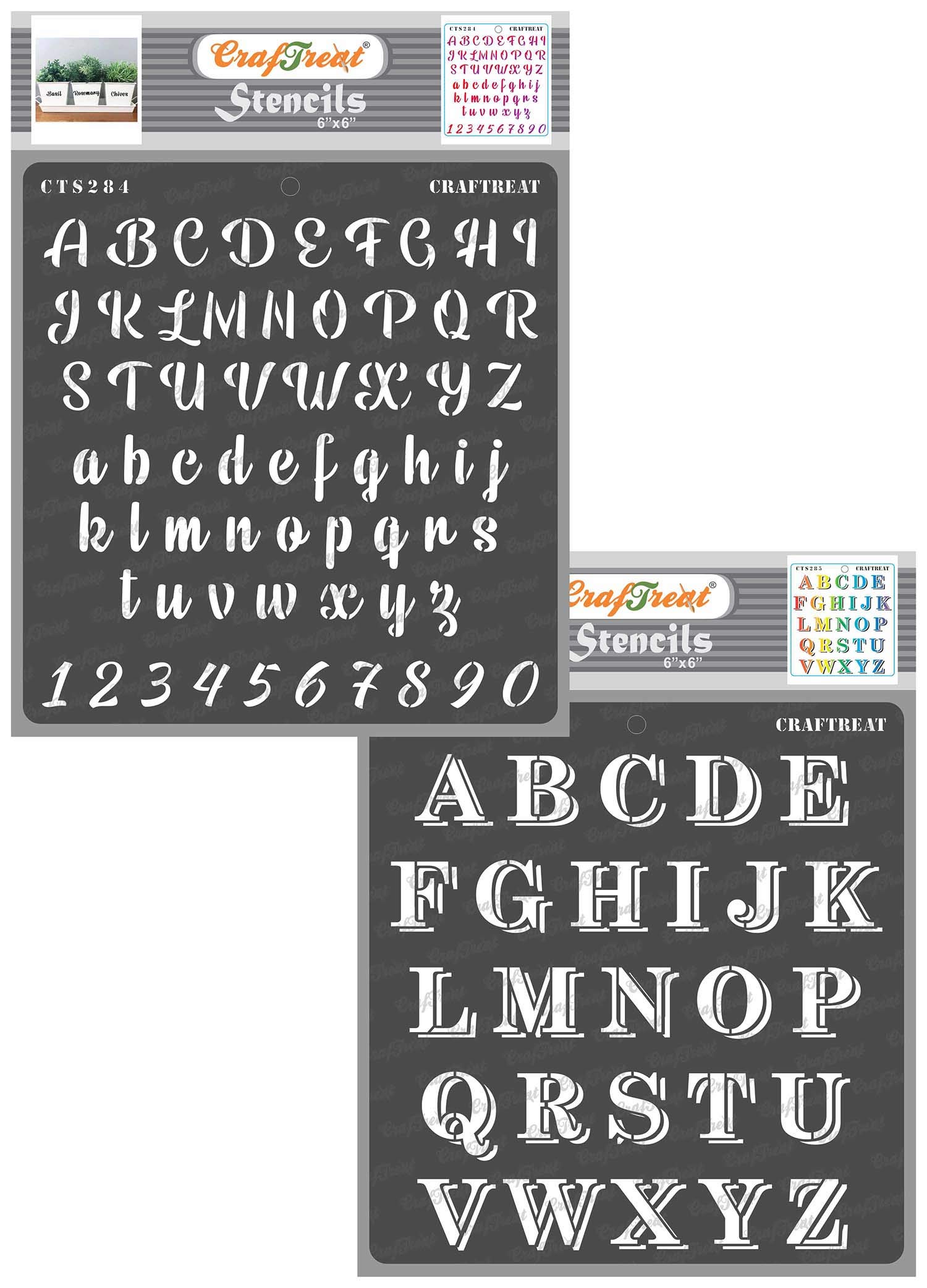 CrafTreat Number and Letter Stencils for Painting on Wood, Canvas, Paper, Fabric - Caps Alpha and Precious Alpha - 2 pcs - 6x6 Inches Each - Reusable DIY Craft Stencils for Letters and Numbers Set