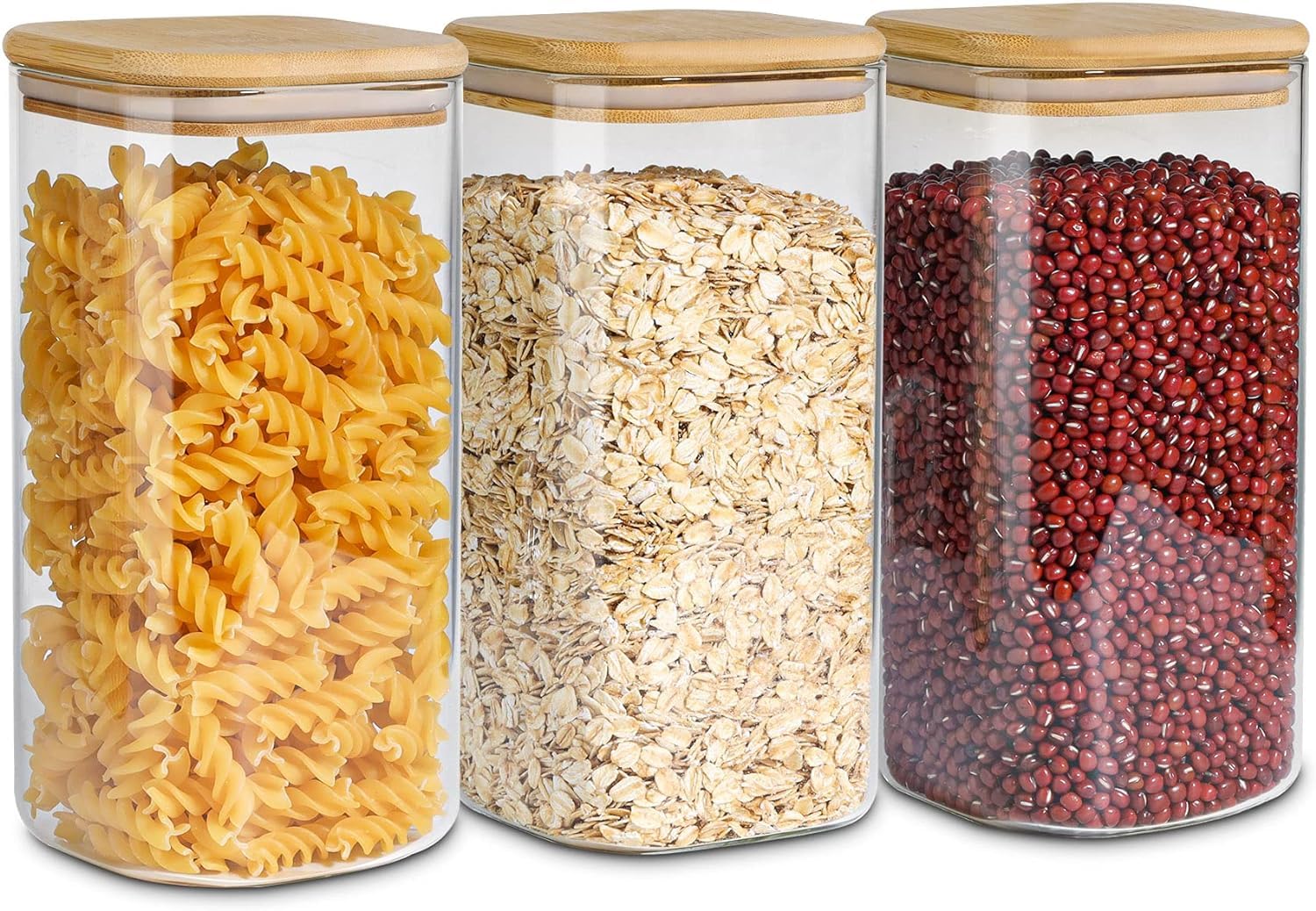 ComSafAirtight Glass Storage Canister with Wood Lid (50oz), Clear Food Storage Container Jar with Sealing Bamboo Lid for Noodles Flour Cereal Rice Sugar Tea Coffee Beans, Set of 3