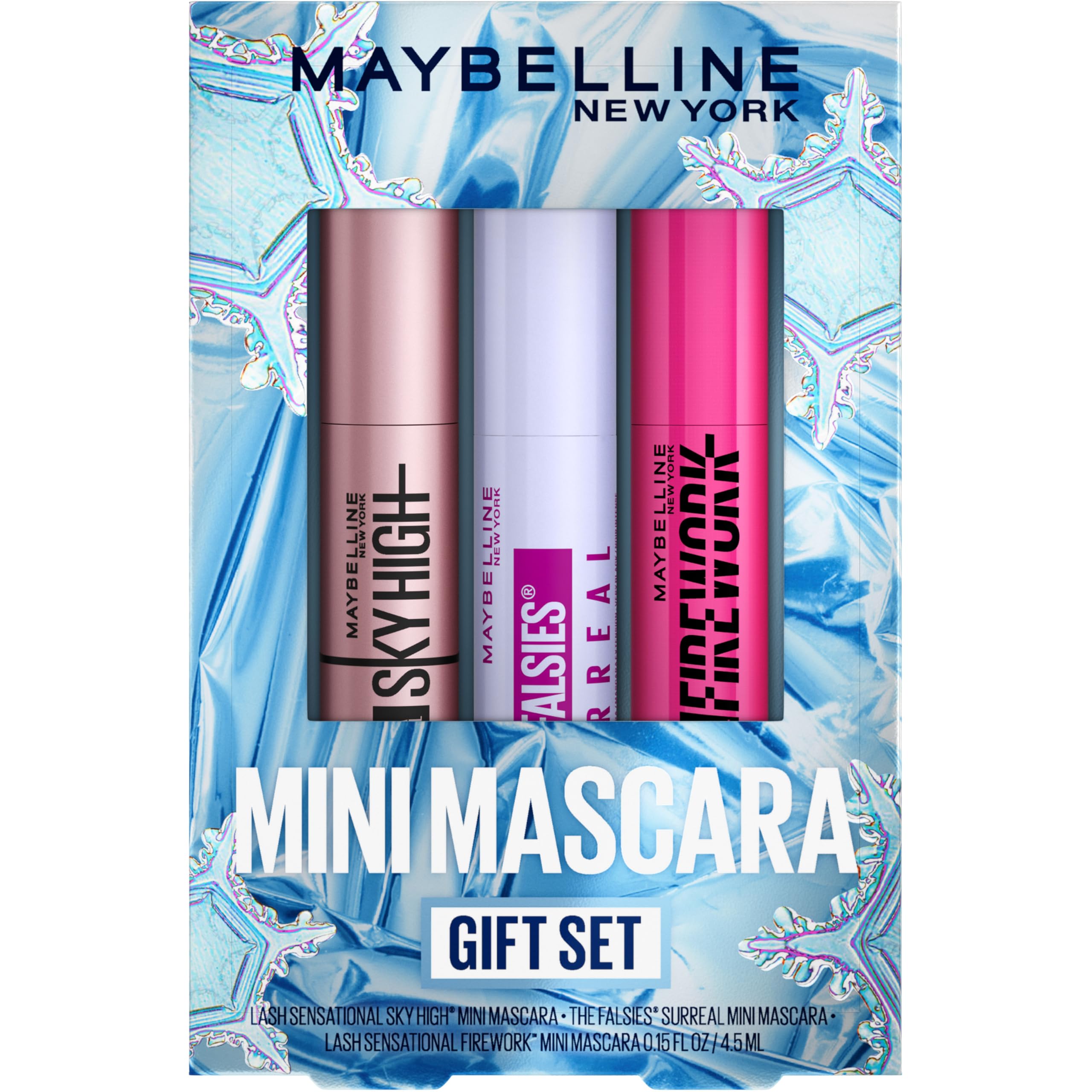 Maybelline Mascara Makeup Gift Set, Includes 3 Mini Mascara Formulas, Mini Sky High Mascara, Mini Surreal Mascara and Mini Firework Mascara, Very Black, 1 Kit