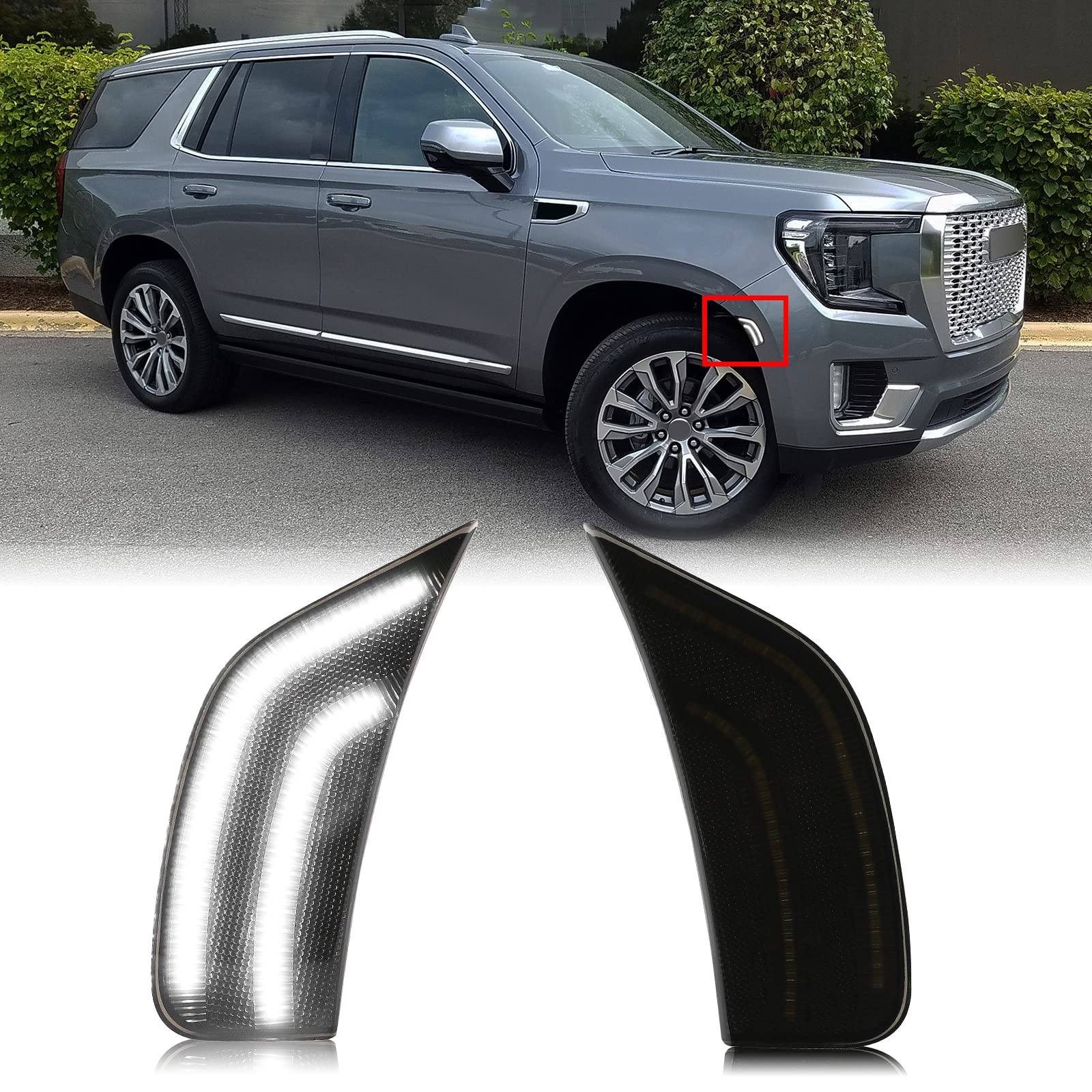 Smoked Lens LED Side Marker Lamp Compatible with 2021-2024 Yukon/Yukon Denali/Yukon XL/Tahoe/Escalade/Suburban/Escalade ESV Driver Passenger Sidemarkers Lamp White Front Turn Singal Lights