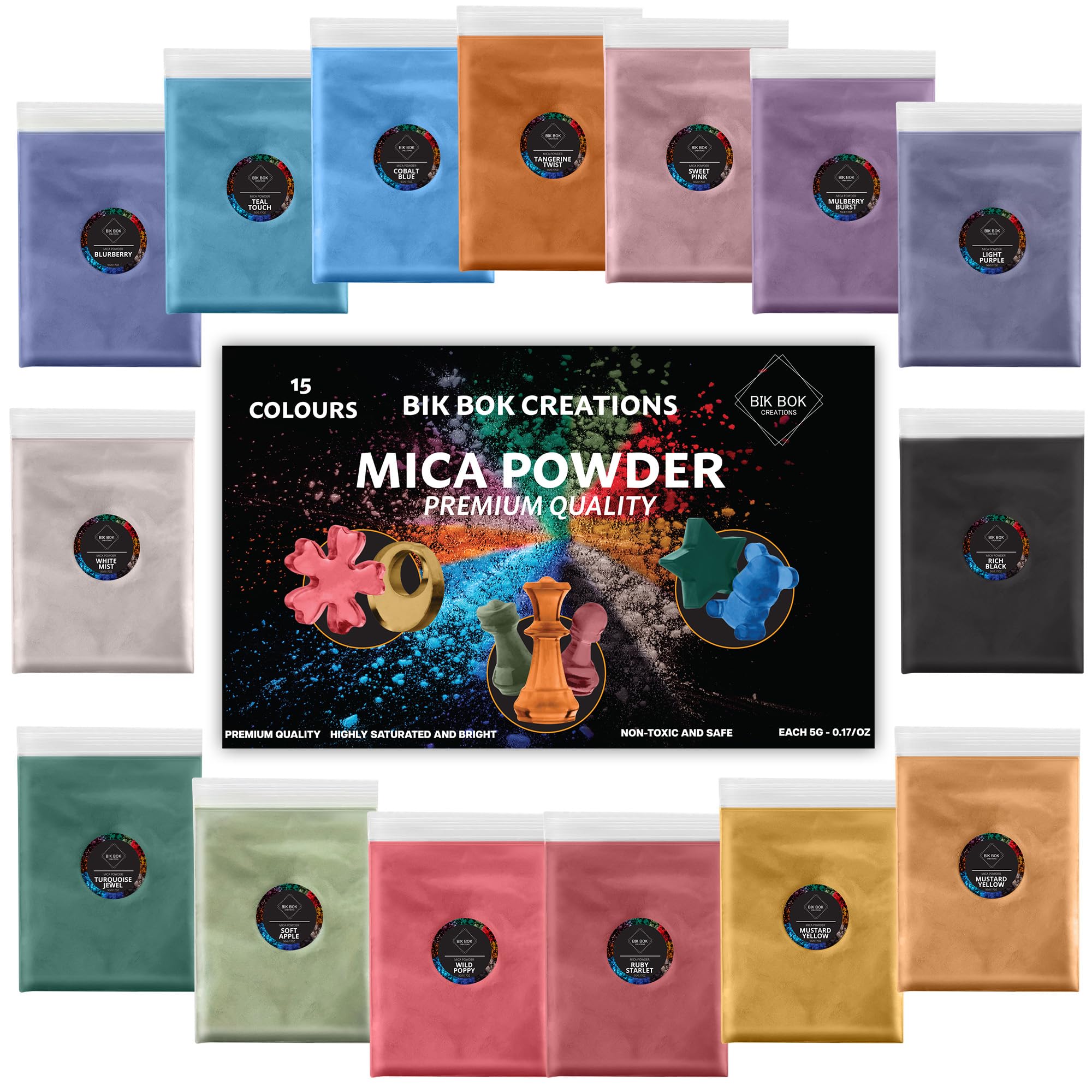 Mica Powder by Bik Bok Creations - 15 Mica Powder Colours Lightfast Intense and Inter-mixable, Perfect for Resin Projects, Soap and Candle Making