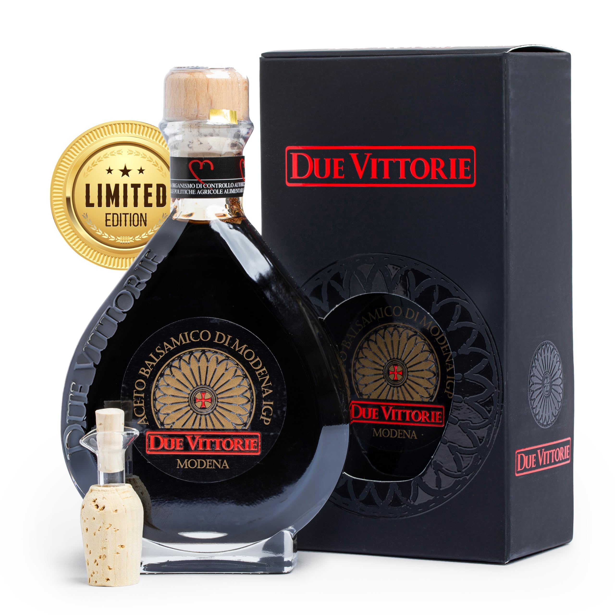 Due VittorieLimited Edition Oro Gold Balsamic Vinegar Gift Set with Collector's Edition Bottle, Cork Pourer and Gift Box - Oak Barrel Aged Balsamic Vinegar of Modena, Italy