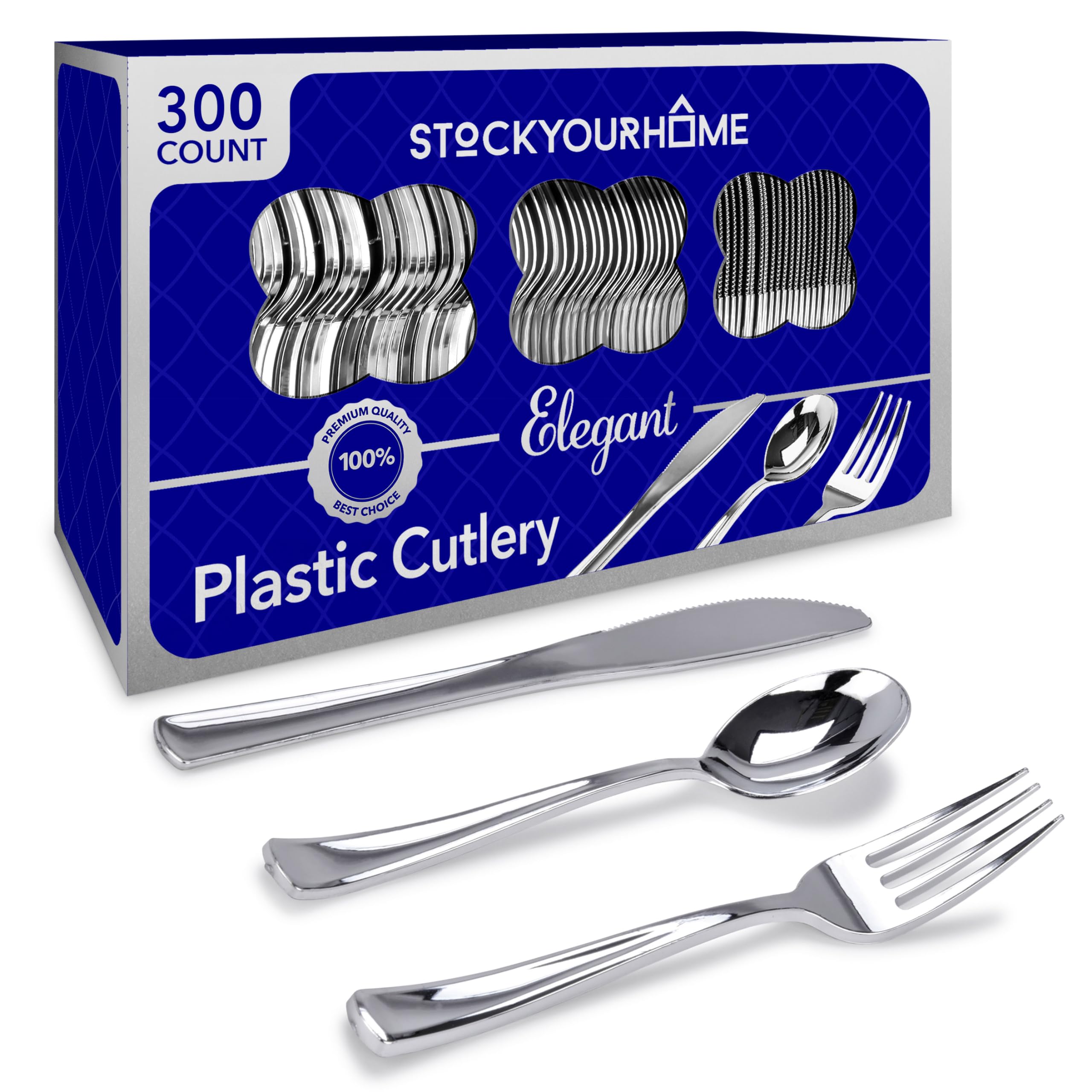 Stock Your HomeSilver Plastic Cutlery Set 300 Pack Disposable Silverware Heavy Duty Plastic 100 Forks, 100 Knives, 100 Spoons for Catering Events, Parties, Dinners, Weddings, Receptions, Everyday Use