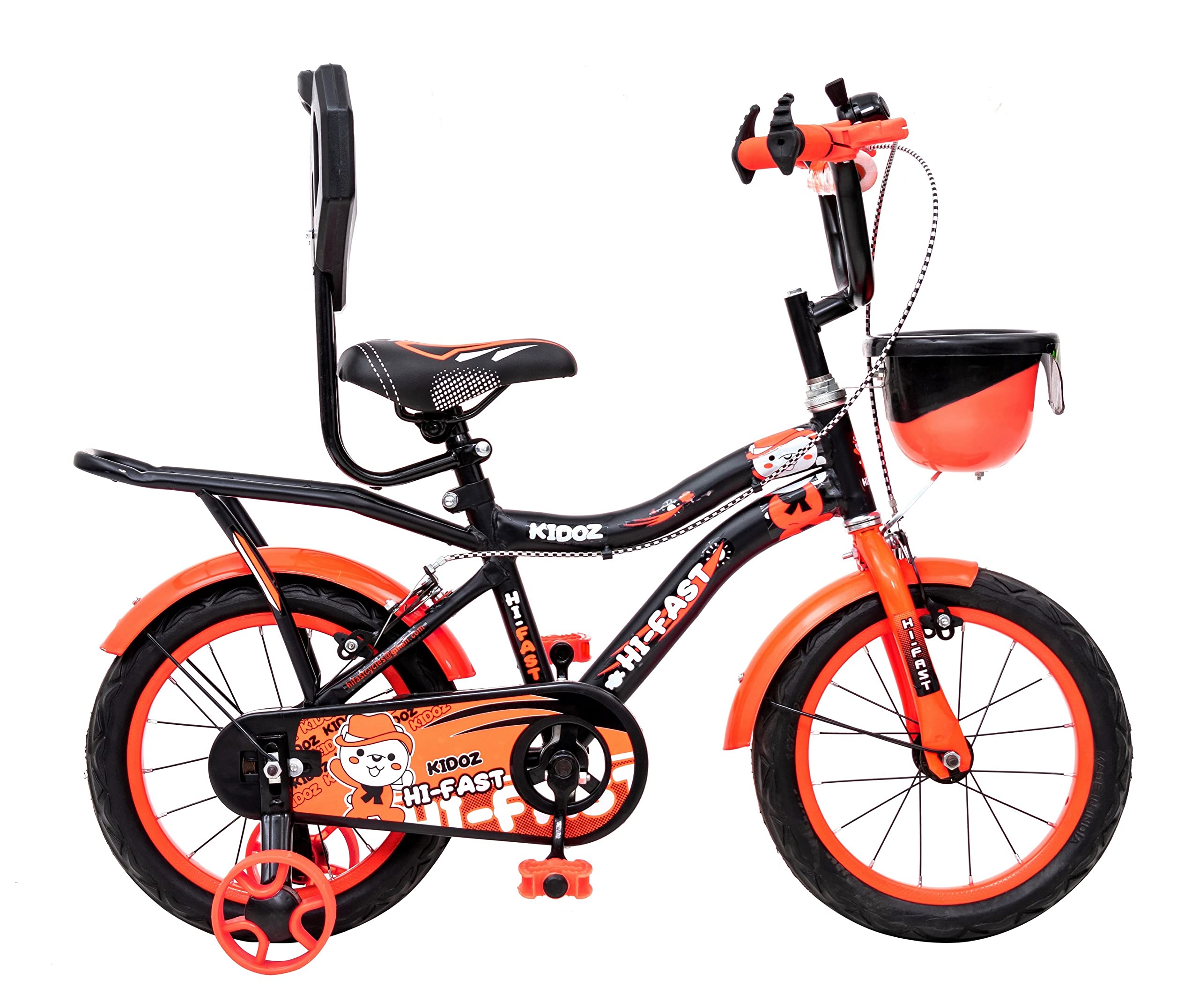 HI-FAST 16 inch Kids Cycle for 4 to 7 Years Boys & Girls with Training Wheels & Carrier (KIDOZ-16T-95% Assembled), Orange