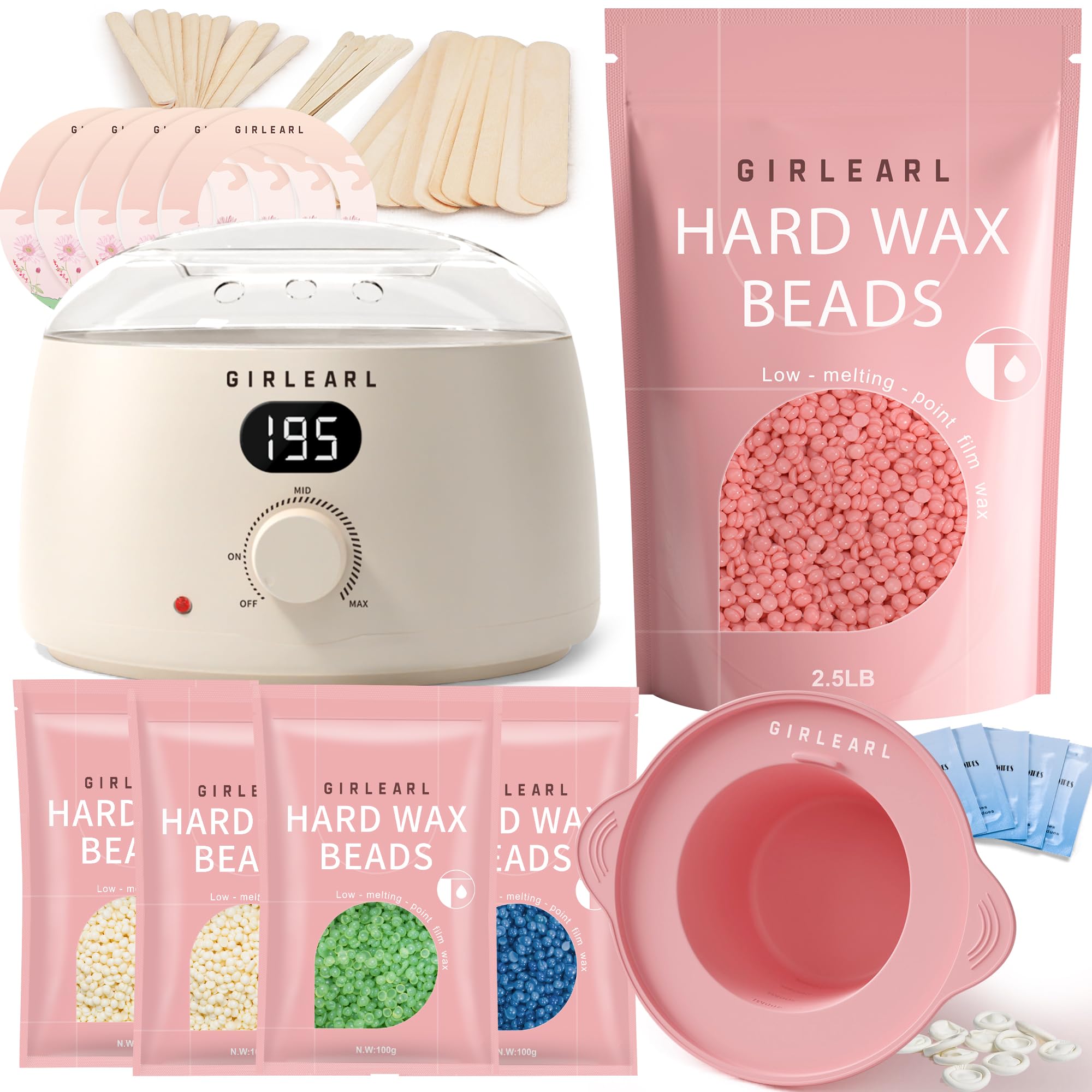 Premium Digital Waxing Kit + 2.5lb Rose Hard Wax Beads at Home, Multiple Formulas Target Different Types of Hair for Brazilian Bikini, Facial, Leg, Beard, Eyebrow and Full body