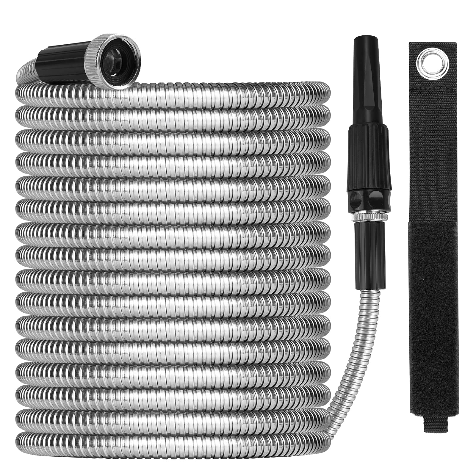 Metal Garden Hose 100ft with Super Tough and Soft Water Hose, Household Stainless Steel Durable Adjustable Nozzle, No Kinks Tangles, Easy to Store Storage Strap