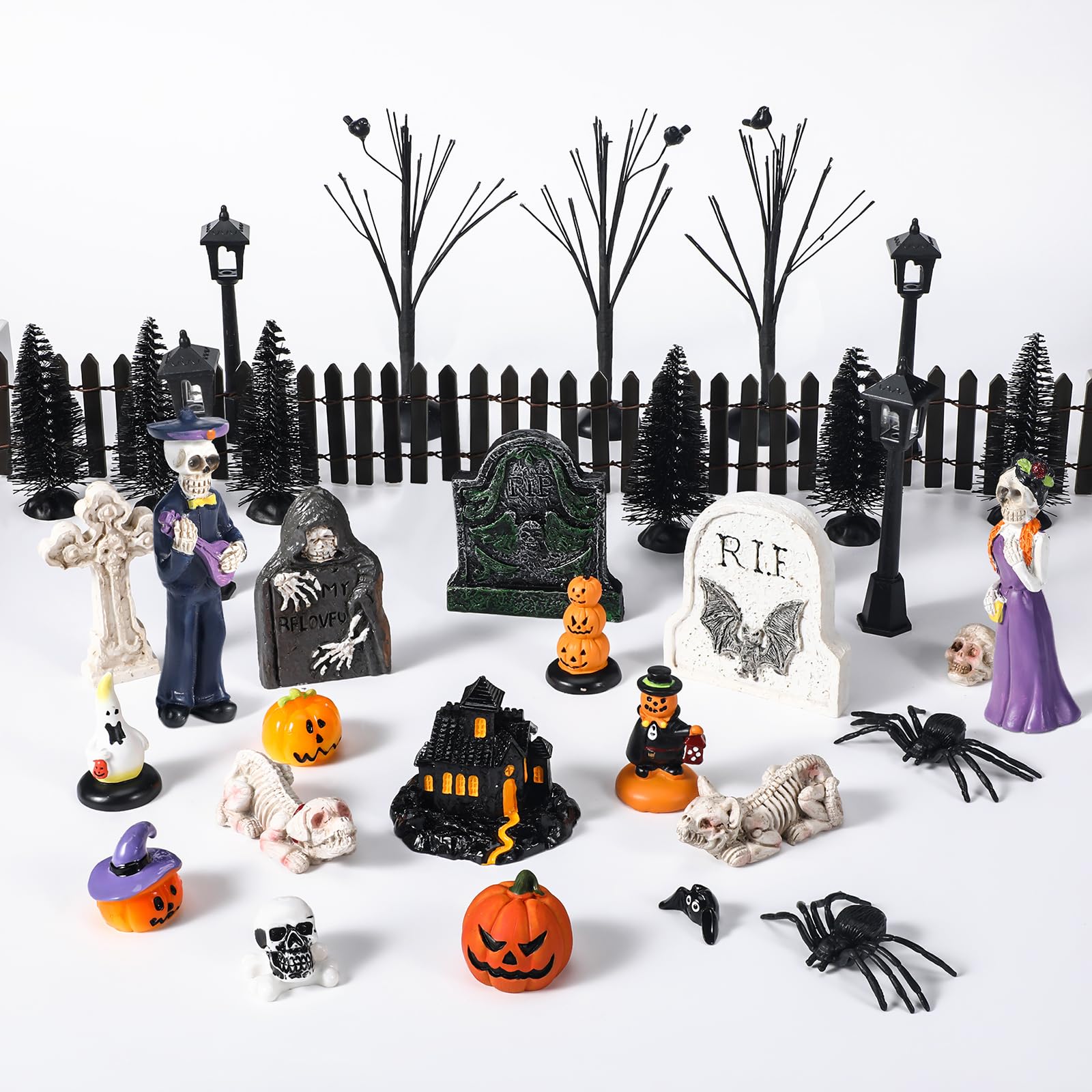 Lenwen 45 Pieces Halloween Miniature Tombstones Spooky Miniature Pumpkin Figurine Halloween Miniatures Skeleton Spiders Halloween Village Accessories Ornaments for Tabletop Decoration