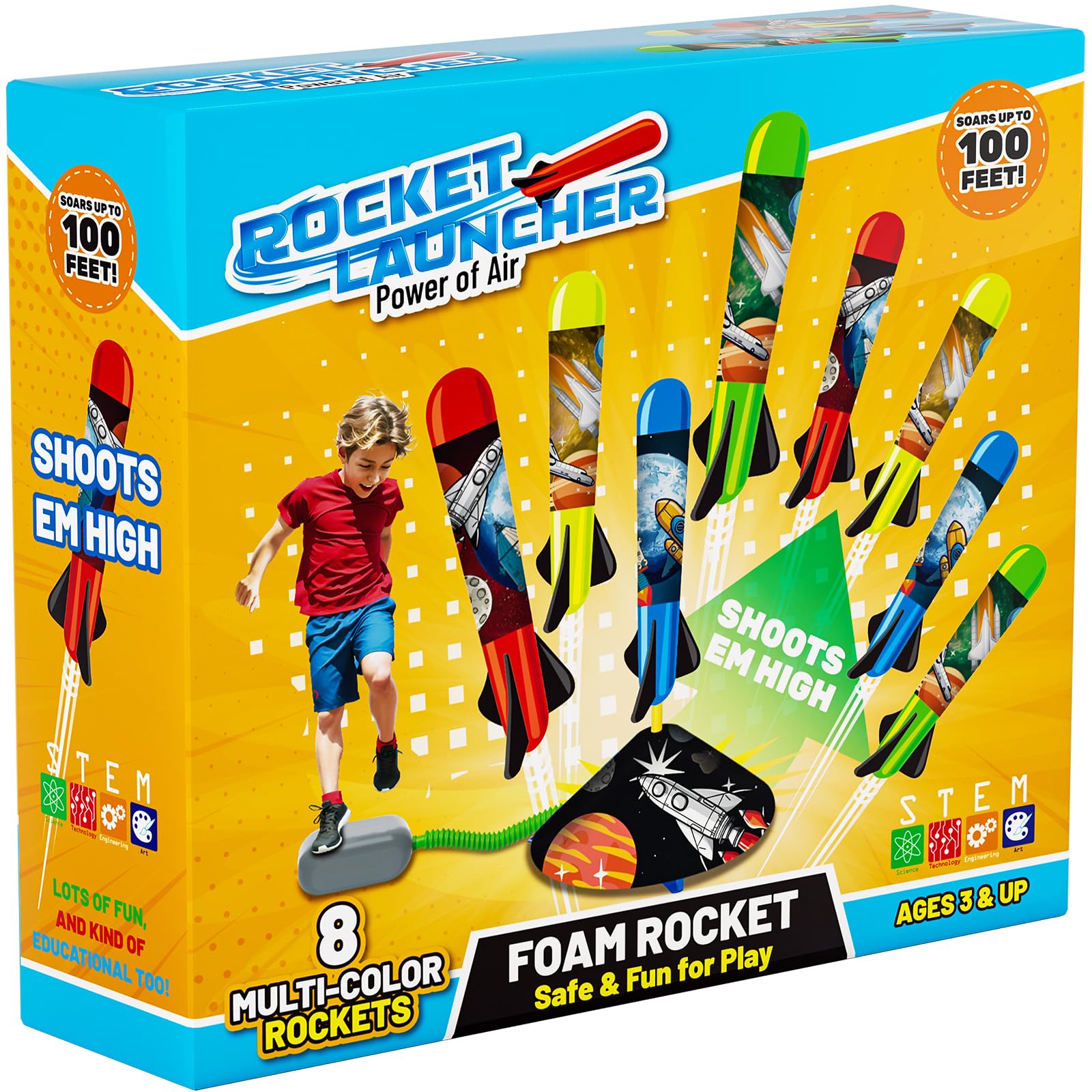 Toys Rocket Launcher for Kids - Launch up to 100 Ft, 8 Multi-Color Foam Rockets & Adjustable Launch Stand, Kids Outdoor Toys, Birthday Toys for Kids Boys Girls Age 3+ Years Old