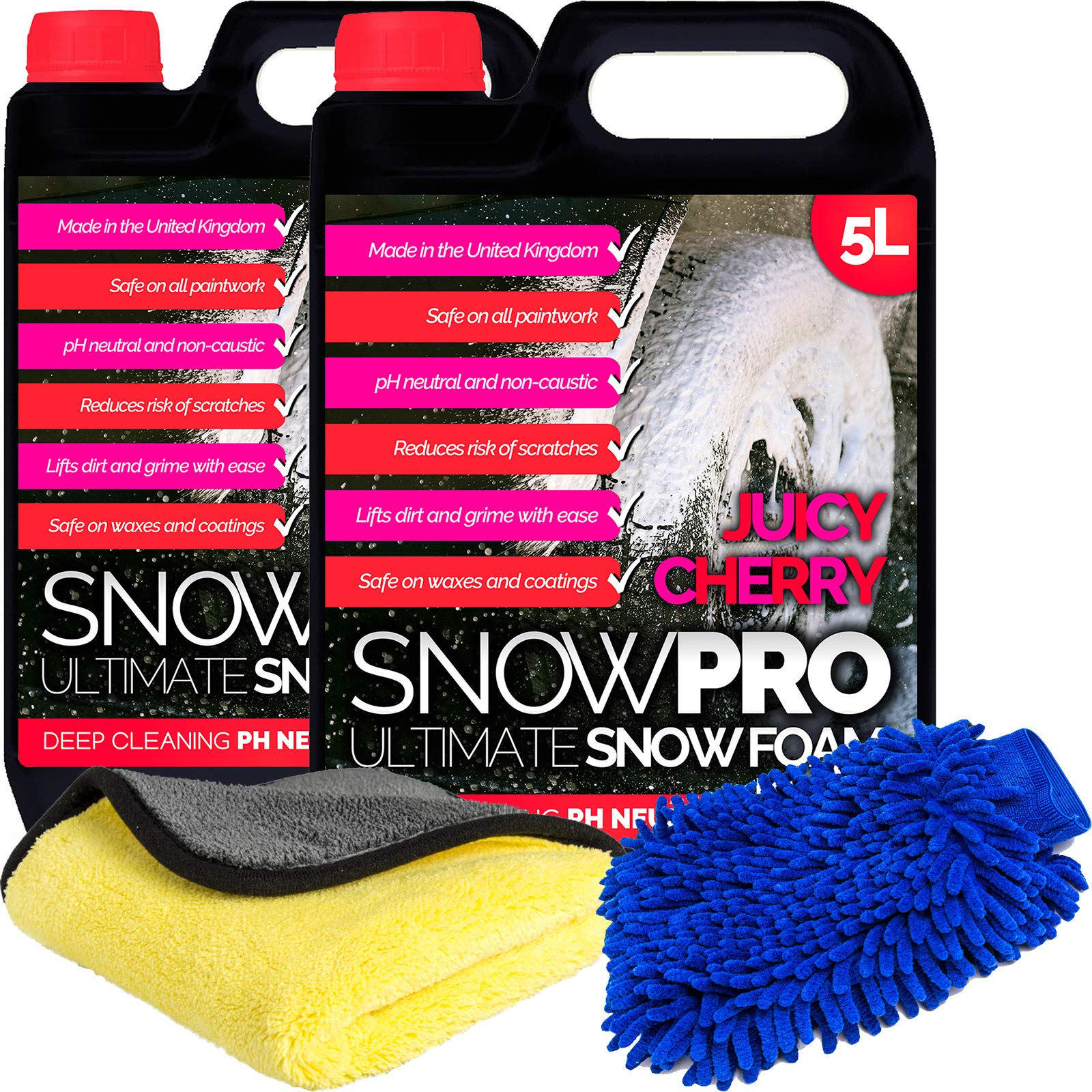 SnowPro Snow Foam Shampoo Car Wash Soap 10L pH Neutral Vehicle Cleaning Detailing Pre Wash Cherry Fragrance With Microfibre Mitt