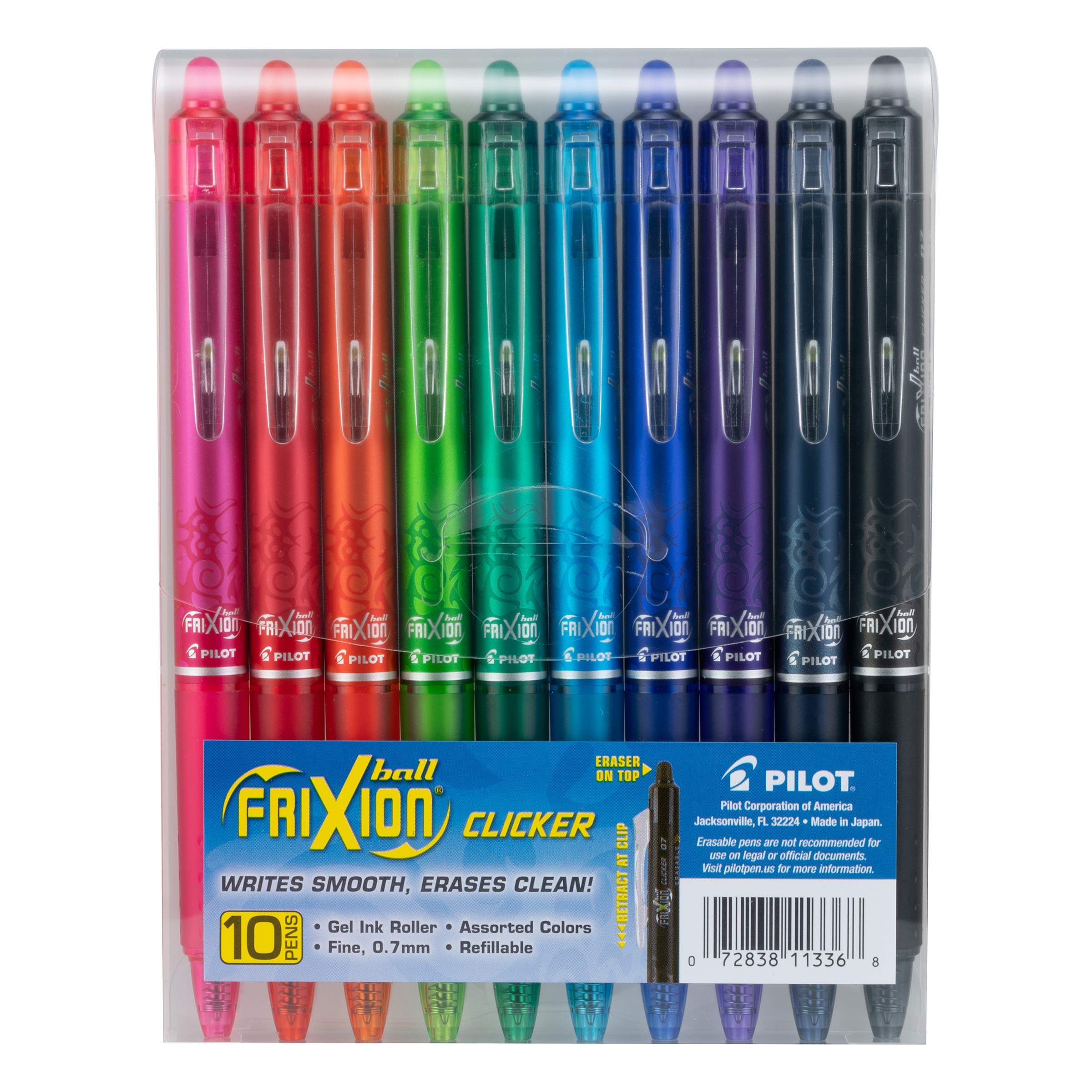 Pilot Frixion Clicker Erasable, Refillable & Retractable Gel Ink Pens, Fine Point, Assorted Color Inks, 10-Pack (Fxc10001F-P), Colors