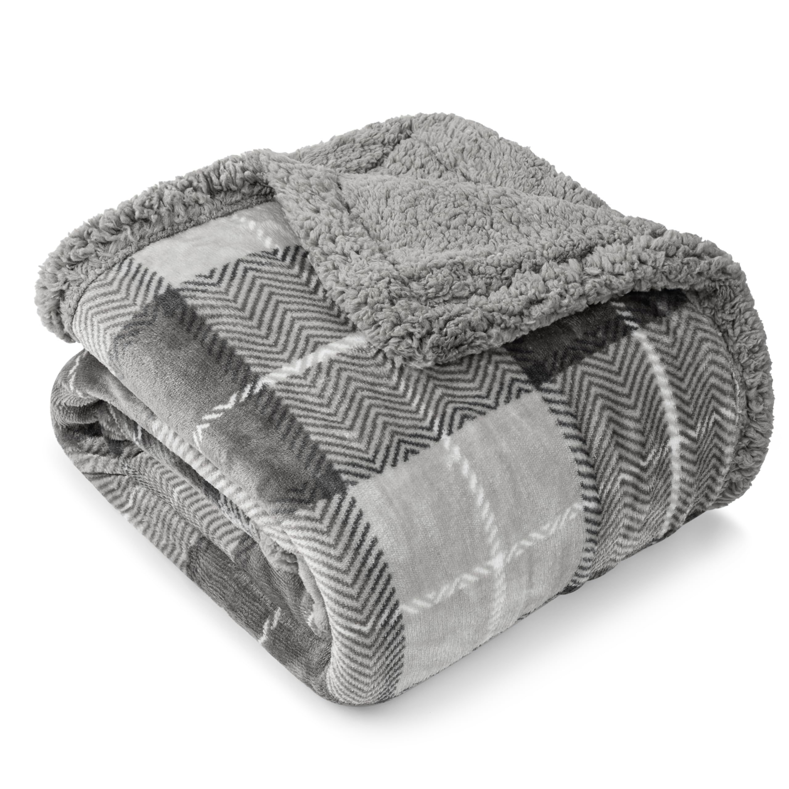 PAVILIALight Grey Plaid Sherpa Throw Blanket for Couch Twin, Plush Flannel Fleece Blanket and Throws, Soft Fuzzy Cabin Blanket for Sofa Bed, Warm Cozy Winter Blanket Gift, 60x80