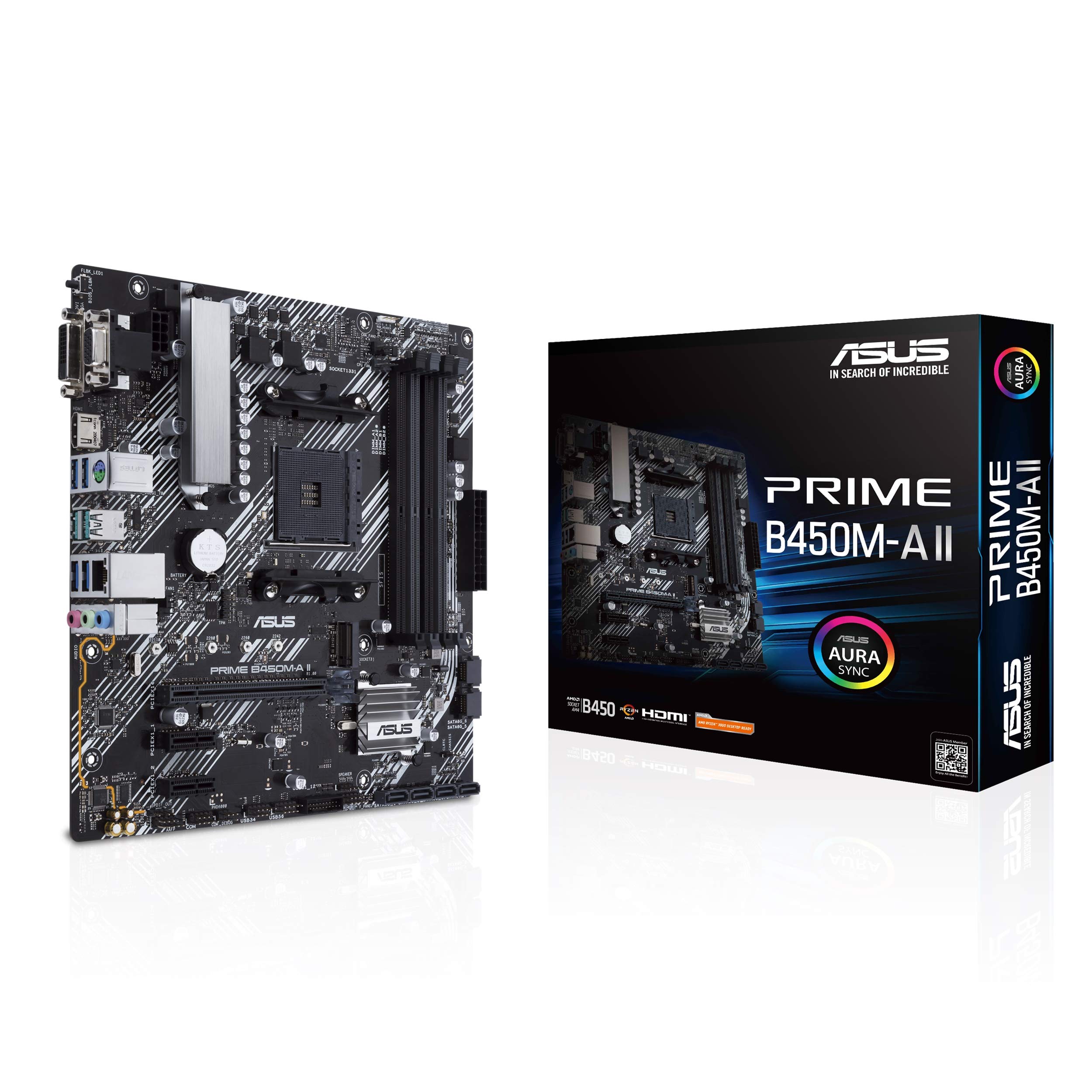 ASUS Prime B450M-A II AMD AM4 (Ryzen 5000, 3rd/2nd/1st Gen Ryzen Micro ATX Motherboard (128GB DDR4, 4400 O.C.), NVMe, HDMI 2.0b/DVI/D-Sub, USB 3.2 2, BIOS Flashback, and Aura Sync)