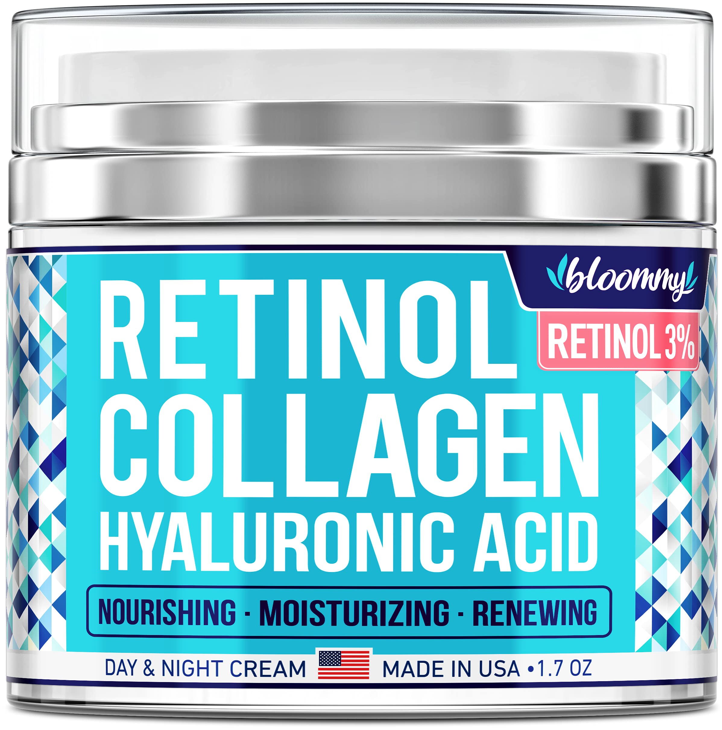 BLOOMMY Collagen & Retinol Cream - Made in USA - Collagen Anti Aging Cream for Face with Hyaluronic Acid - Day & Night Retinol Moisturizer - Anti Wrinkle Facial Cream - 1.7 oz