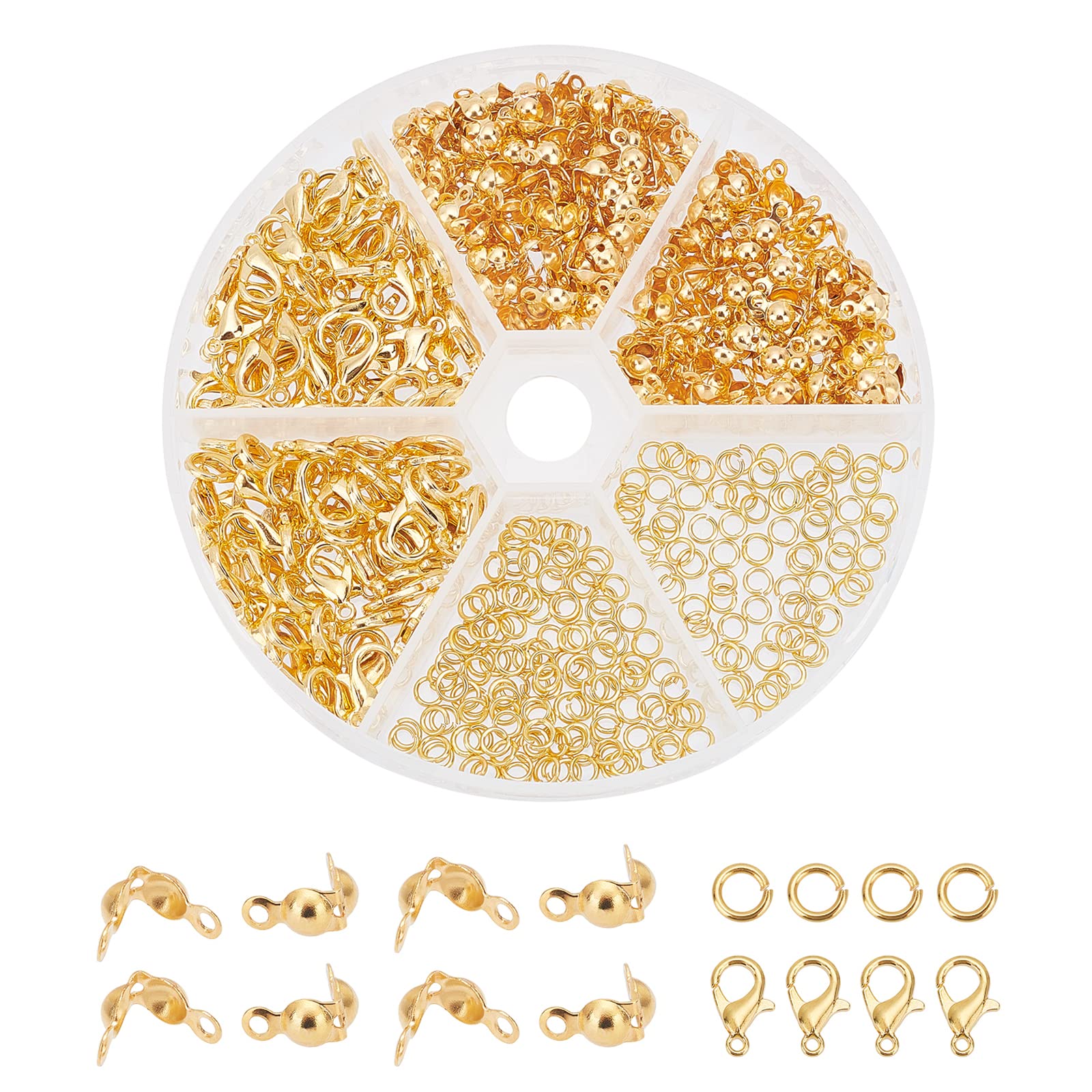 PandaHall 500pcs Jewellery Making Accessory Set 200pcs 4mm 21 Guage Open Jump Ring 100pcs 12x6mm Lobster Claw Clasp 200pcs 7mm Bead Tips Knot Covers for Earring Bracelet Necklace Jewelry Making, Gold