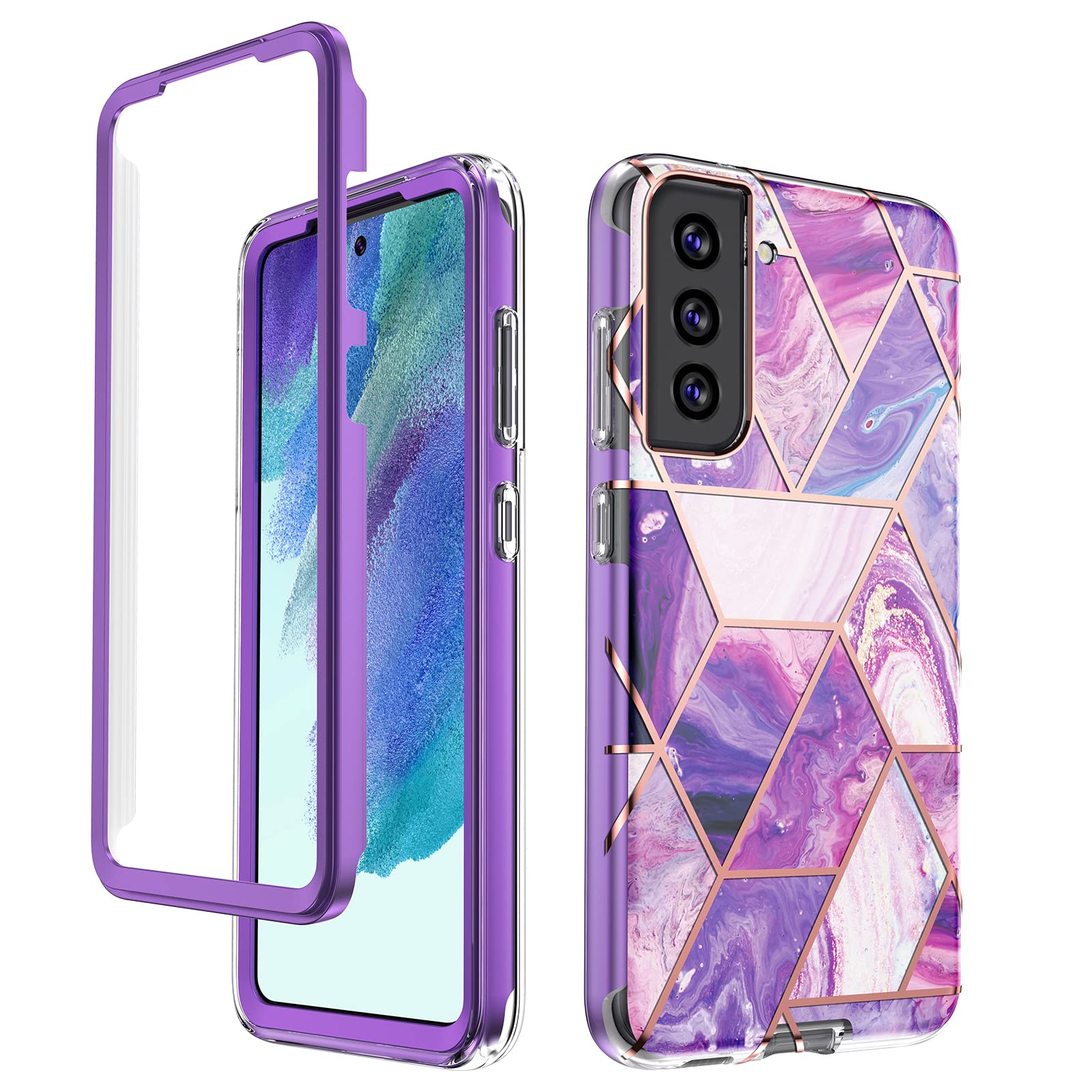 GOLINKBling Chrome Marble Full Body Shockproof Protective Case for Samsung Galaxy S21 FE 5G (2021 Release), Slim Stylish Bumper Case Without Built-in Screen Protector-Purple