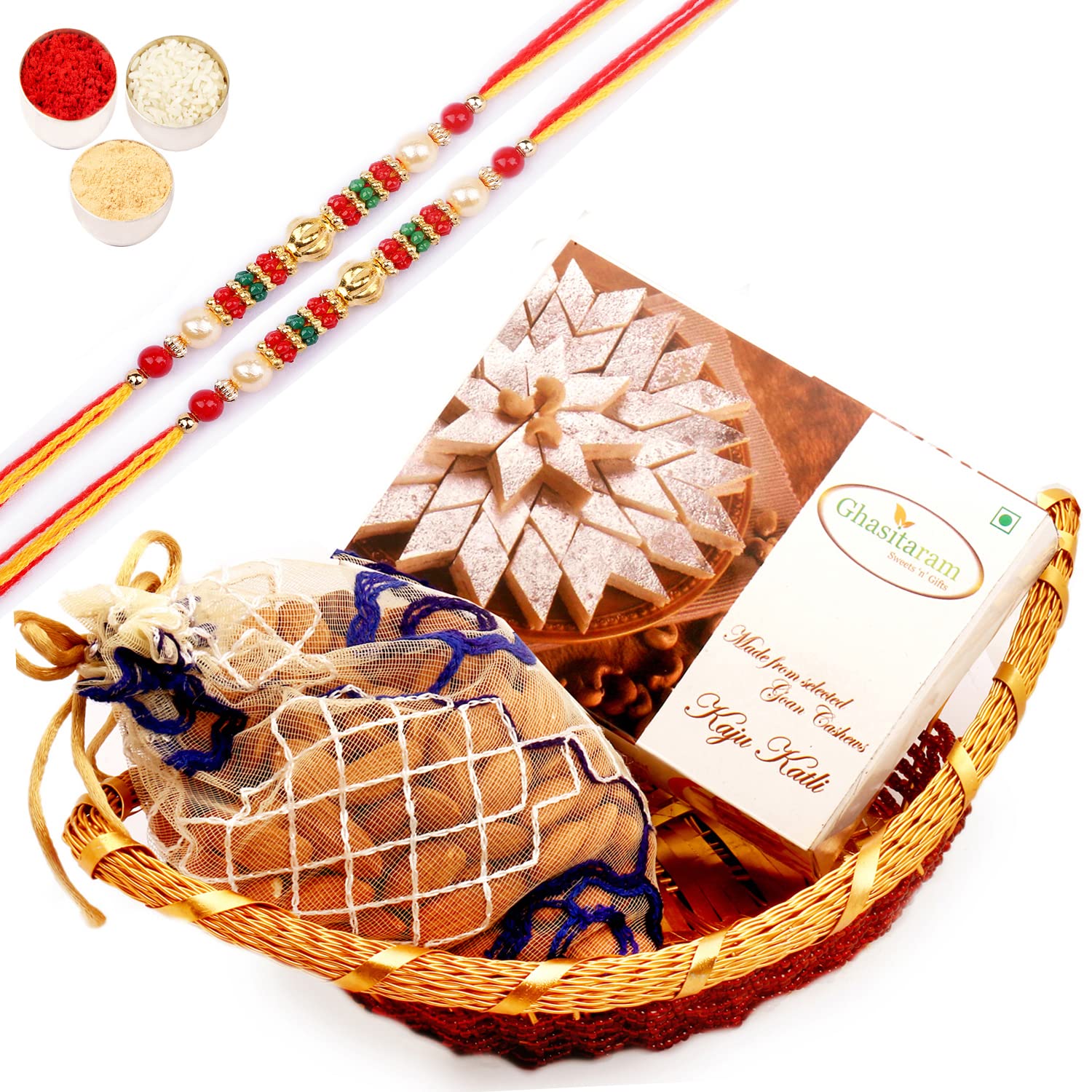 Ghasitaram Gifts Rakhi Gifts for Brothers Rakhi Sweets - Boat Basket with Kaju Katli and Almonds with 2 Beads Rakhis