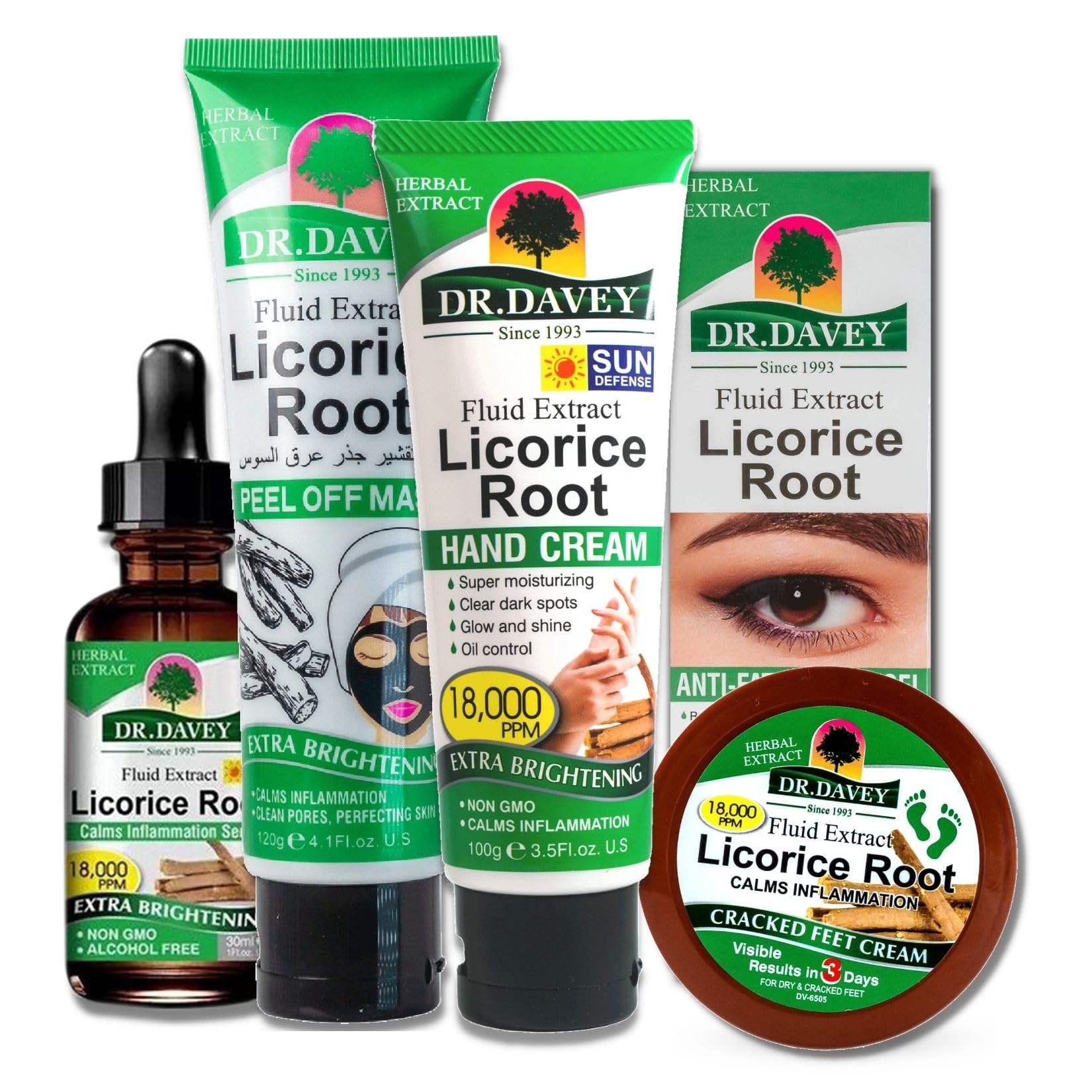 Licorice Root Skincare Set For Rejuvenated Skin - Moisturizing Hand Cream - Anti-Acne And Anti-Aging Serum - Extra Brightening Peel Off Mask - Anti-Fatigue Eye Gel, Feet Repair Cream