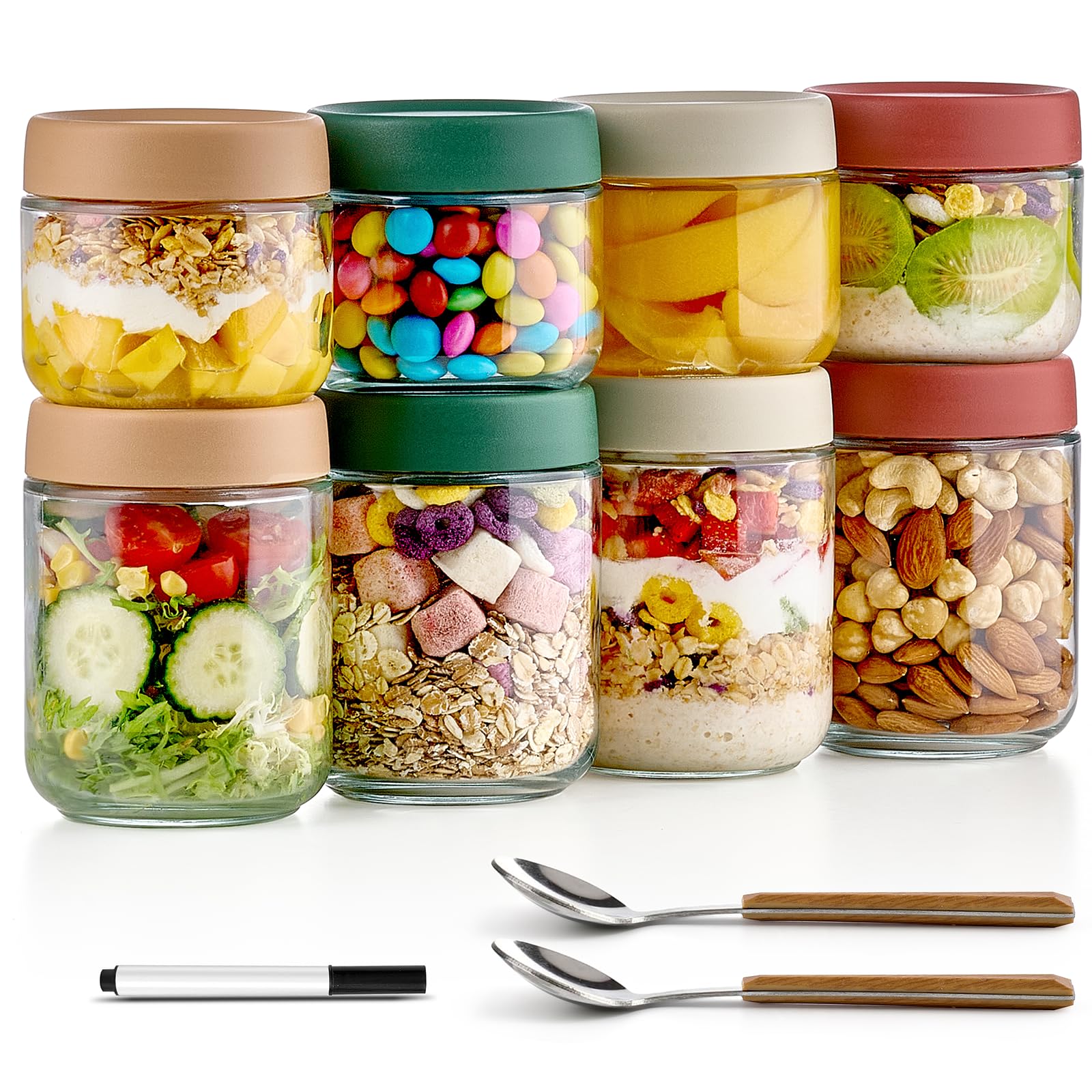 8 Pack Overnight Oats Containers with Lids, Large & Small Glass Mason Jars 16oz & 10 oz, Breakfast Oatmeal Container to Go, Salad Meal Prep Jars for Food Storage, Mush Chia Seed Pudding Jars