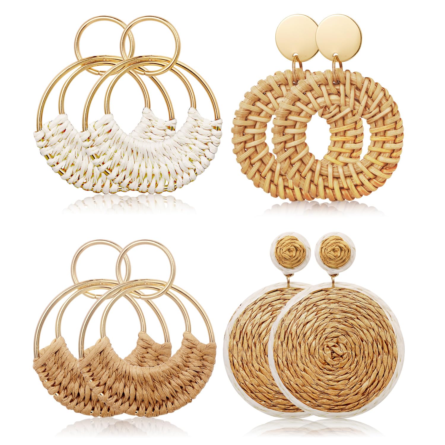 4 Pairs Handmade Raffia Rattan Bohemian Round Drop Dangle Earrings for Women, Boho Statement Cute Fun Hoop Earrings Set