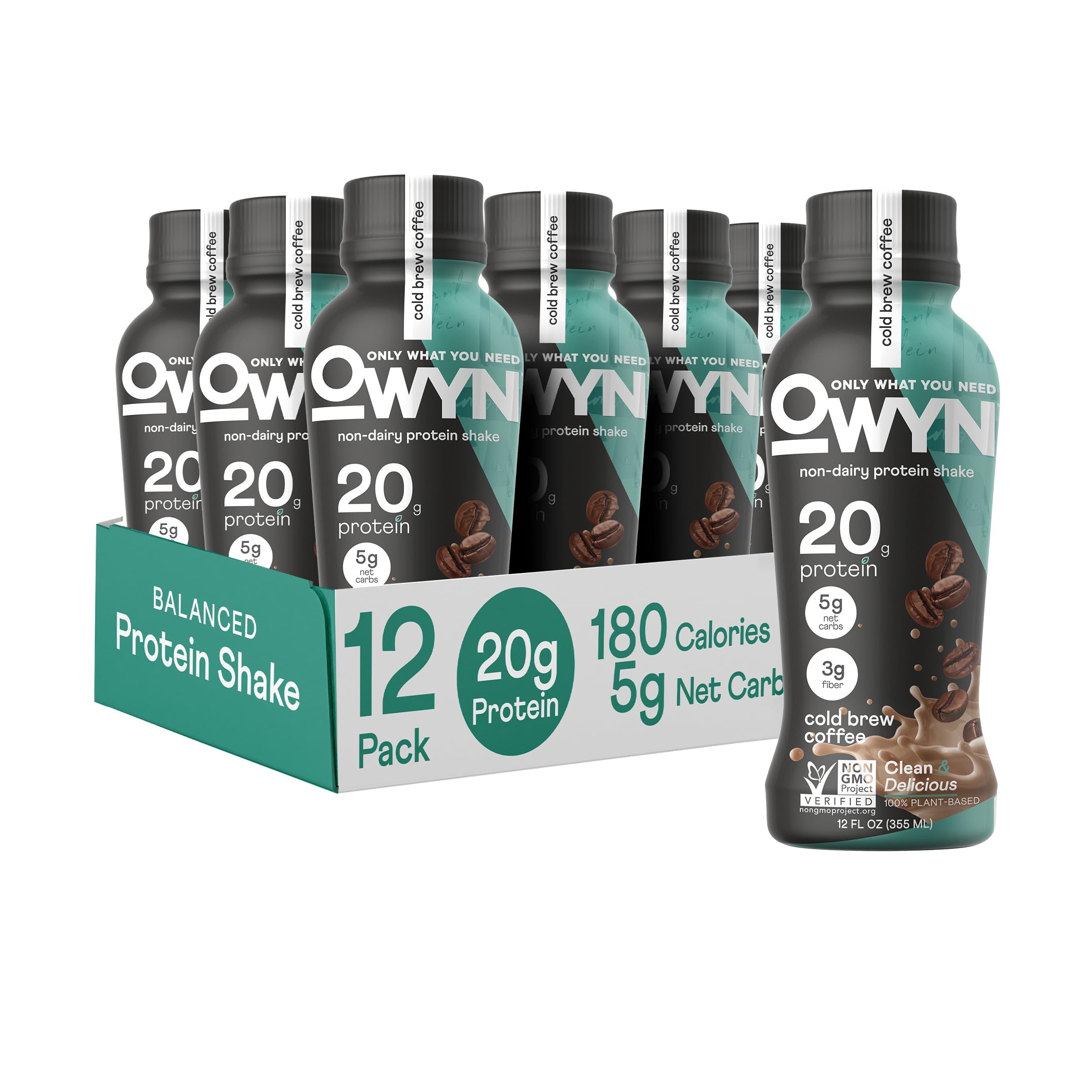 OWYN Only What You Need Vegan Plant-Based Protein Shake, Cold Brew Coffee, 12 Pack, with 20g Plant Protein, Omega-3, Prebiotic supplements, Superfoods Greens Blend, Gluten-Free, Soy-Free, Non-GMO