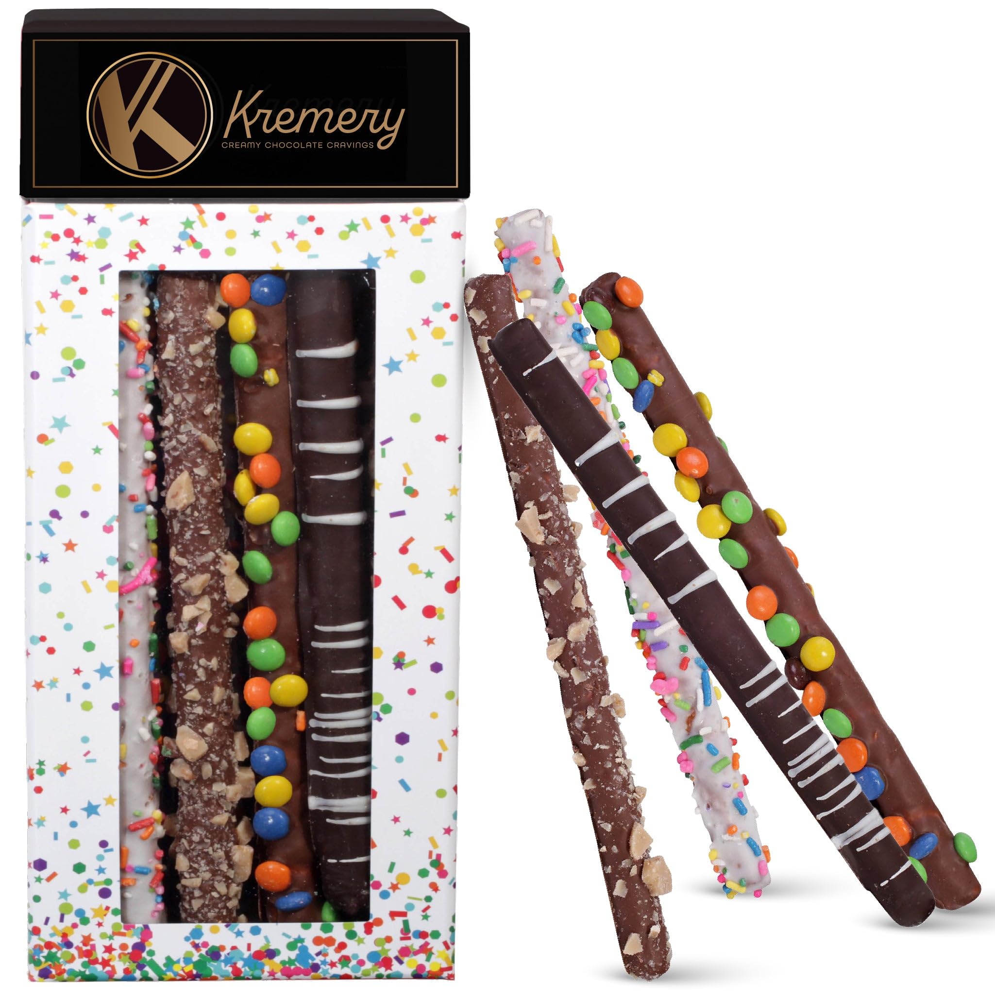 KREMERY Creamy Chocolate Cravings - Holiday Christmas Chocolate Covered Pretzel Rods Gift Basket in Confetti Tower (10 Count) Xmas Kwanzaa Birthday Sweet Treats - Assorted Candy Toppings, Kosher Dairy