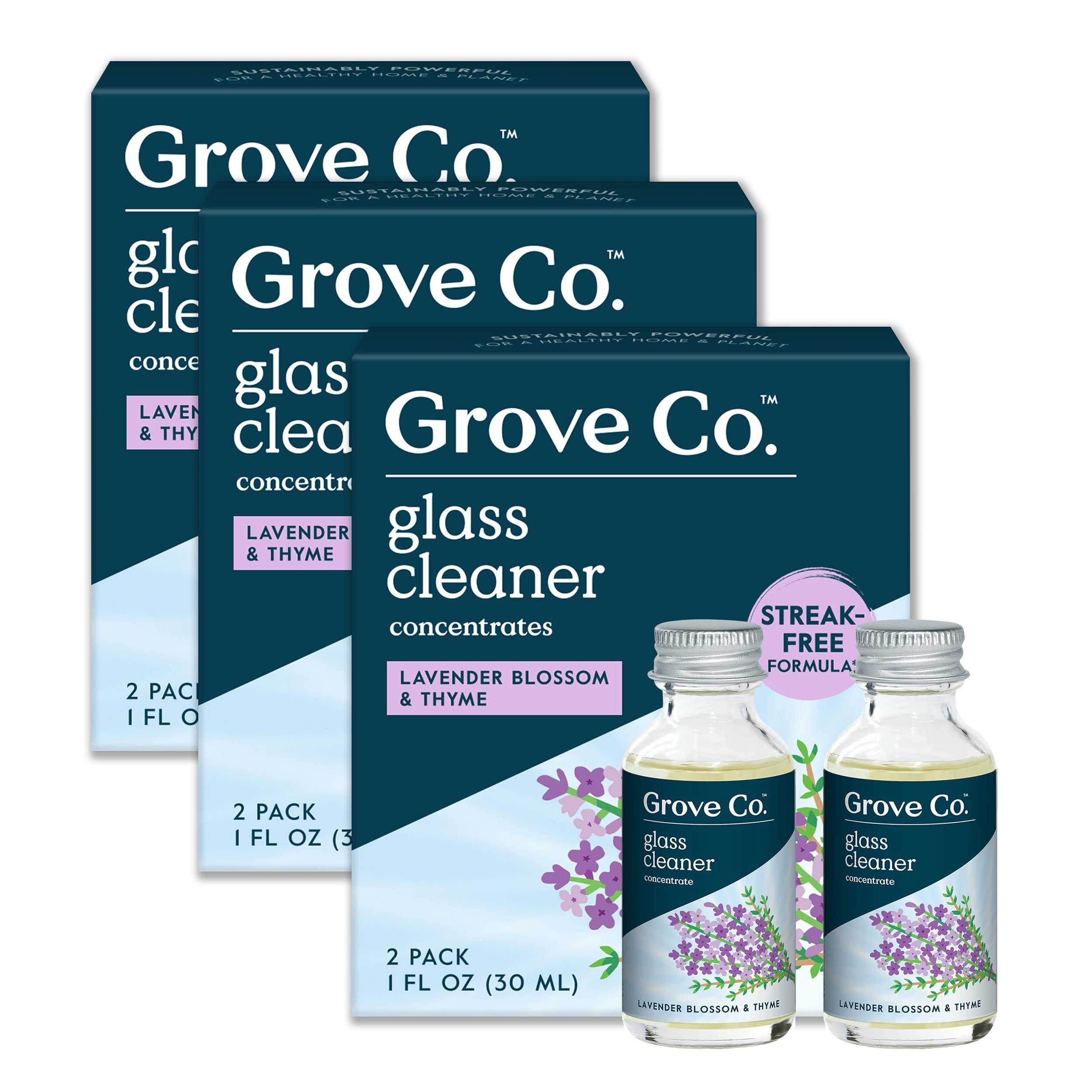 Grove Co. Glass Cleaner, Refill Concentrate (6 x 1 Fl Oz) Streak Free, Plant-Based Household Cleaning Supplies, No Plastic Waste, 100% Natural Lavender & Thyme Fragrance, 3 x 2 Pack Refills