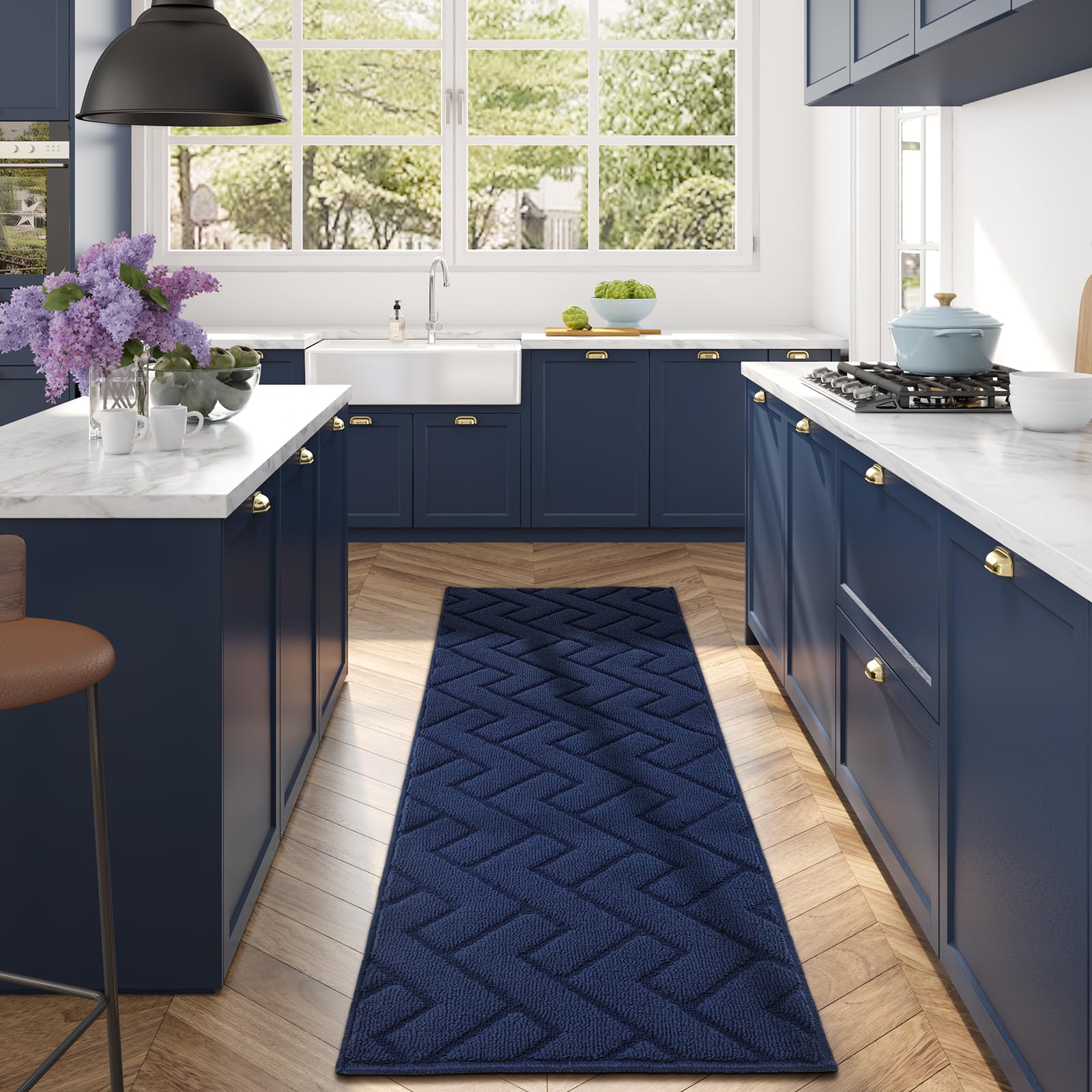 hicorfe Kitchen Rugs and Mats Sets,2 Pieces atni Slippery Rug,Soft Comfort Floor Mat,Machine Washable for Kitchen, Hallway,Office,Sink,Laundry(20" x 31.5" Plus 20" x 59", Navy Blue)