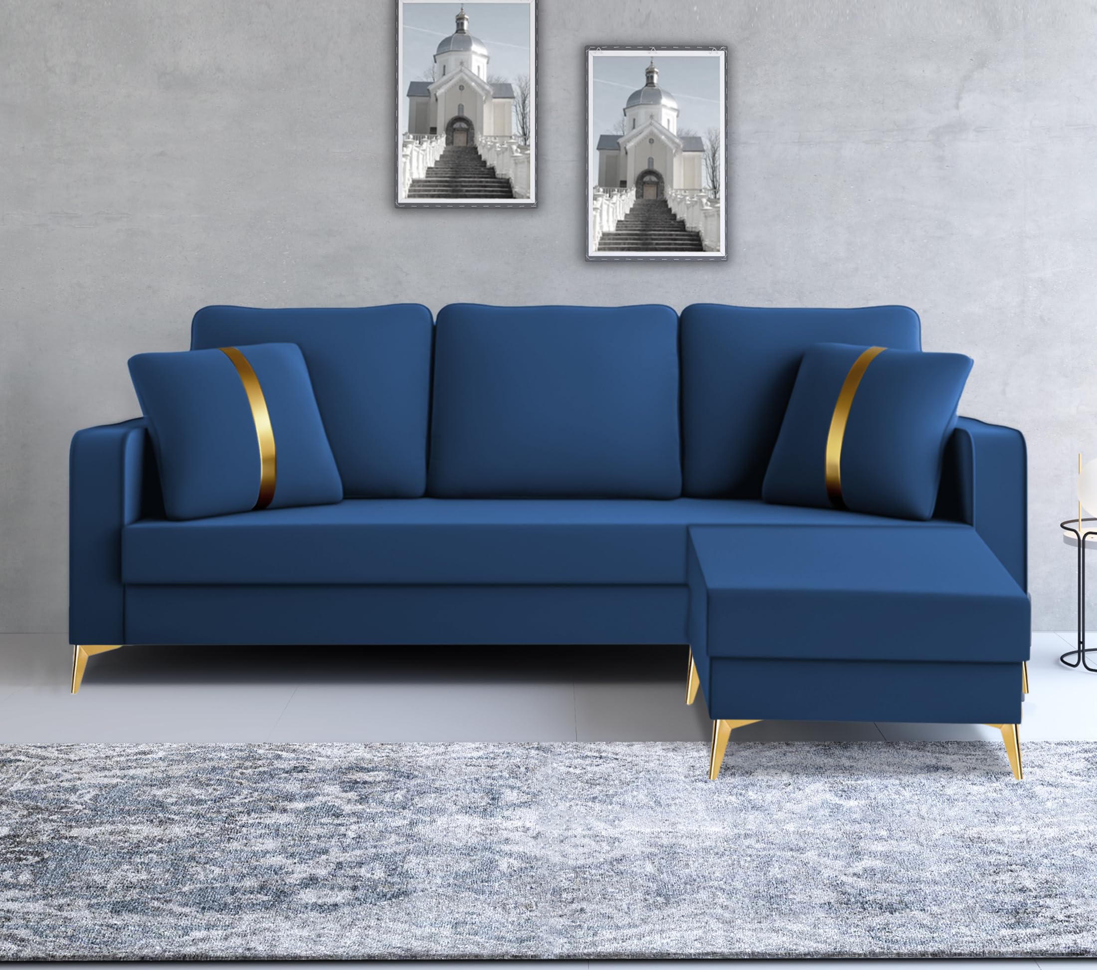 Adorn India Premium Chandler - 3 Years Warranty - L Shape 4 Seater Sofa Set Velvet Suede Fabric - Blue