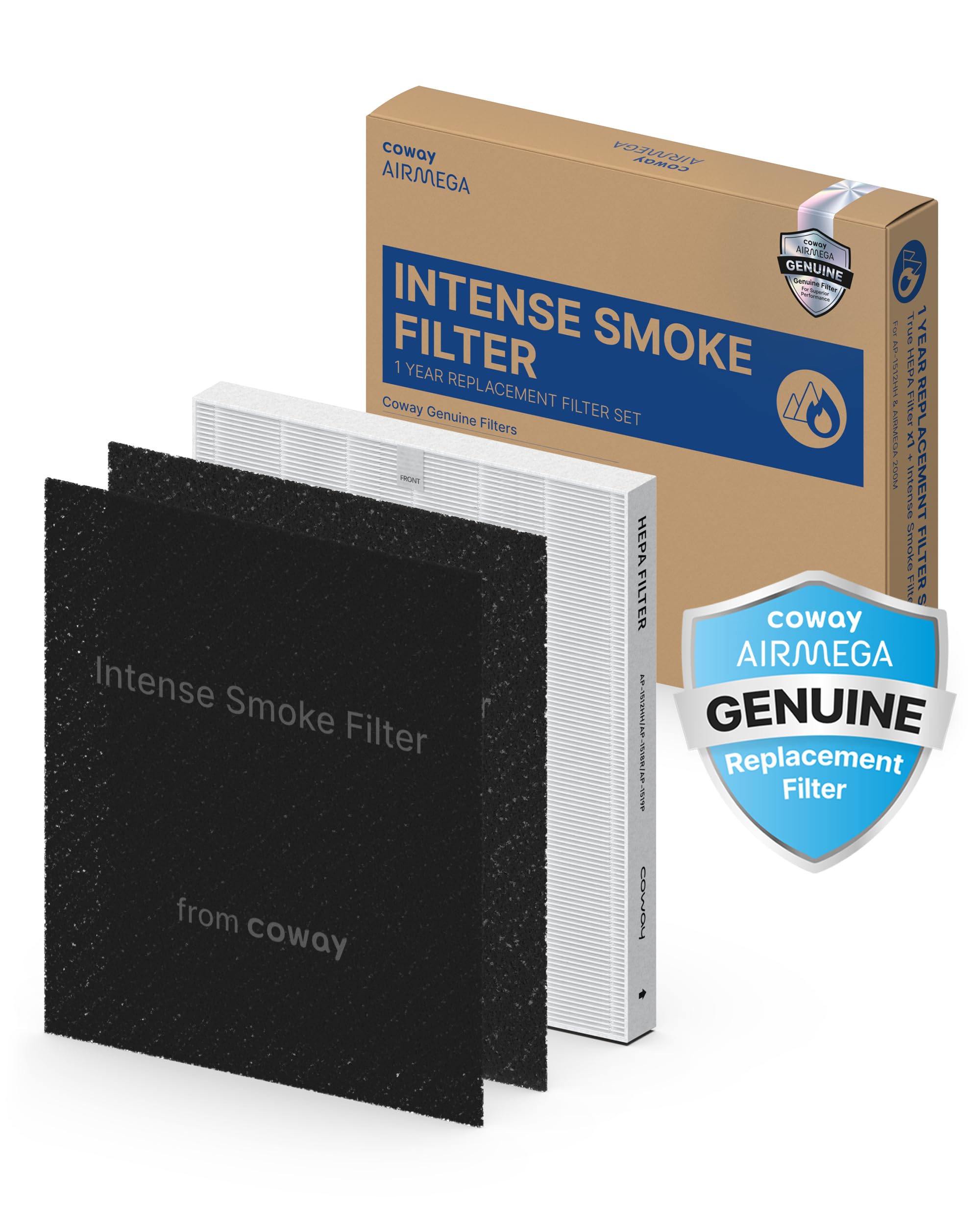 COWAY AP-1512HH & 200M Air Purifier Filter Replacement, Intense Smoke Pack, 2 Intense Smoke Deodorization Filters and 1 True HEPA Filter, 1 Pack, Black