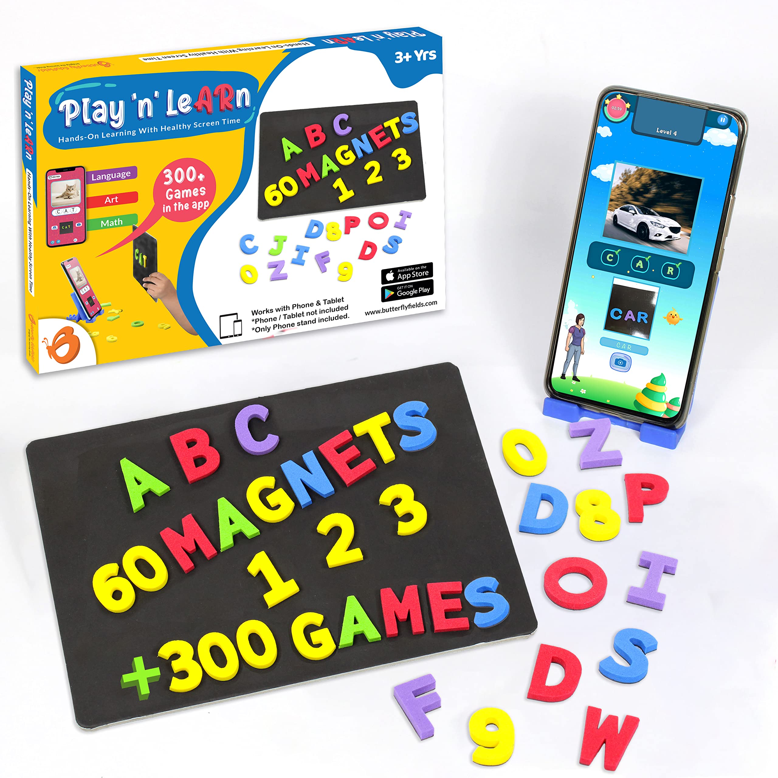 Butterfly EduFields Magnetic Letters and Numbers for Kids Age 3 to 6, Magnetic Board & Spelling Guide | Learning Educational Word Games | 3 Games with 300+ Levels in App (Tab/Mobile),Multicolor