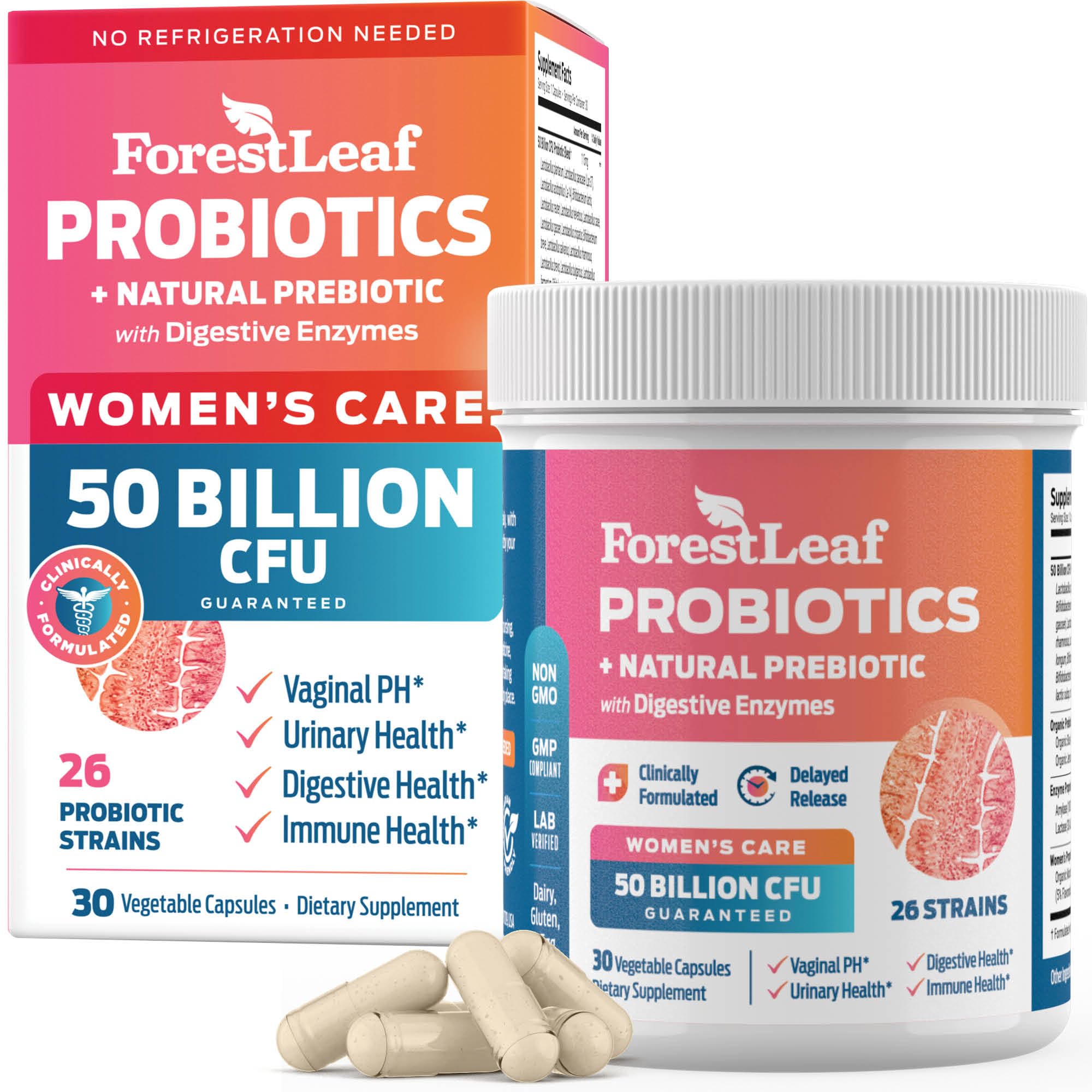 ForestLeaf Womens Probiotic 50 Billion CFU with Organic Prebiotics, Digestive Enzymes, Cranberry, D-Mannose - Prebiotics Probiotics for Women Digestive Health & l Probiotics Support (30 Caps)